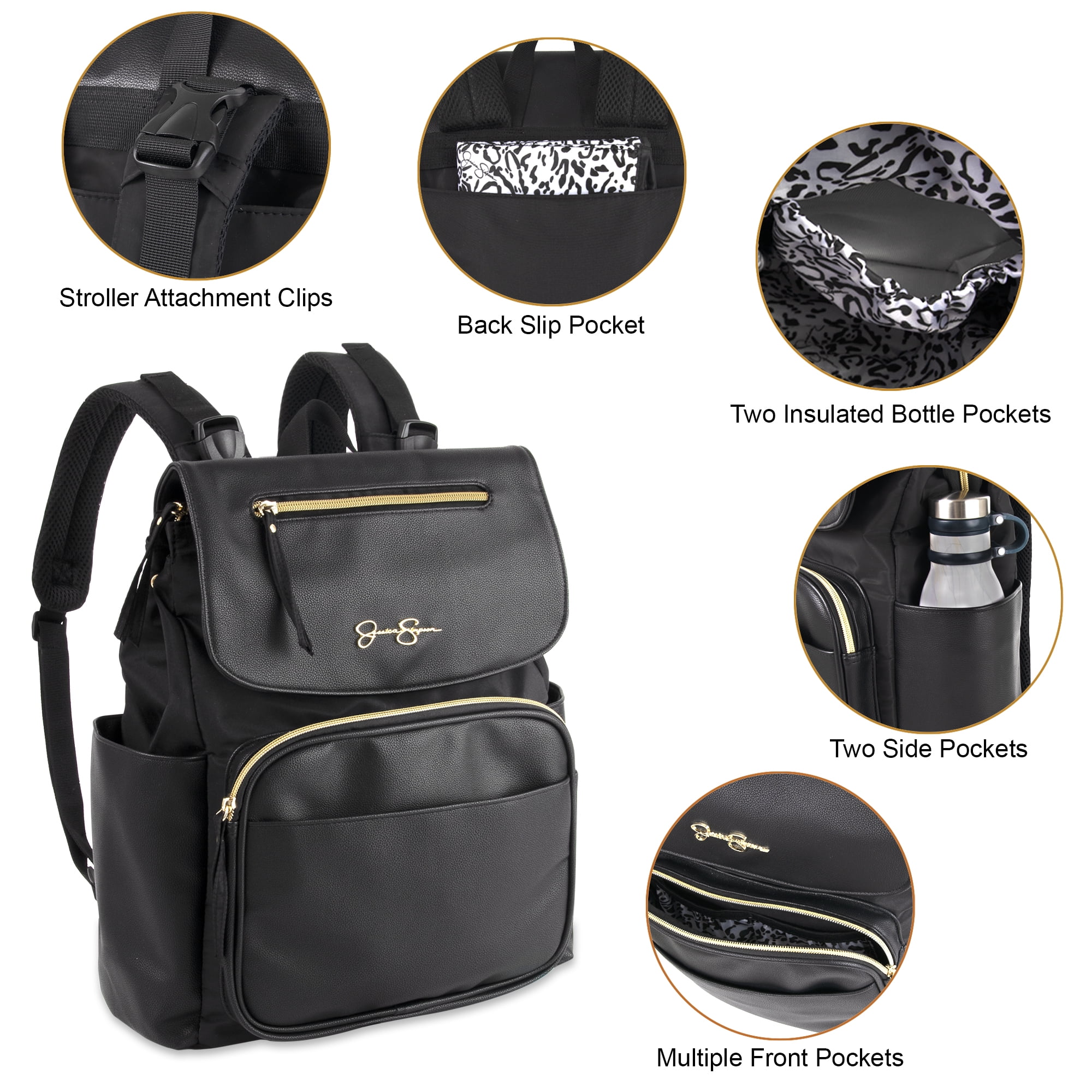 Jessica Simpson Black Vegan Leather Multi-Pocket Magnetic Flap & Zipper Closure Fashion Diaper Bag Backpack with Snow Leopard Print Interior, Matching 3-Ply Folding Baby Changing Pad - Image 4