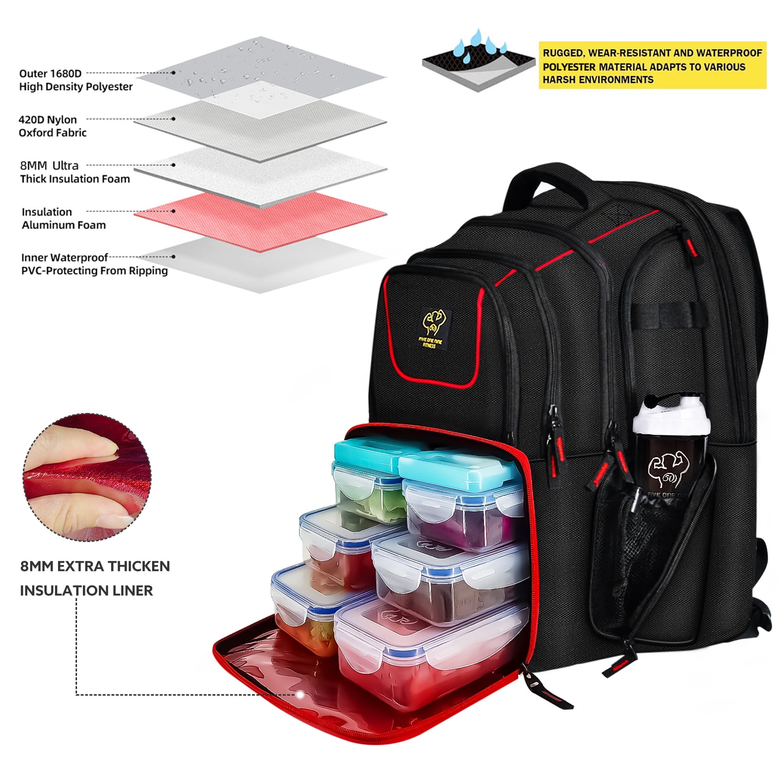 519 Fitness Meal Prep Backpack, Insulated Bodybuilding Lunch Rucksack with Computer Compartment and 6 Meal Containers for Men and Women to Hiking/Picnic, Black - Image 2