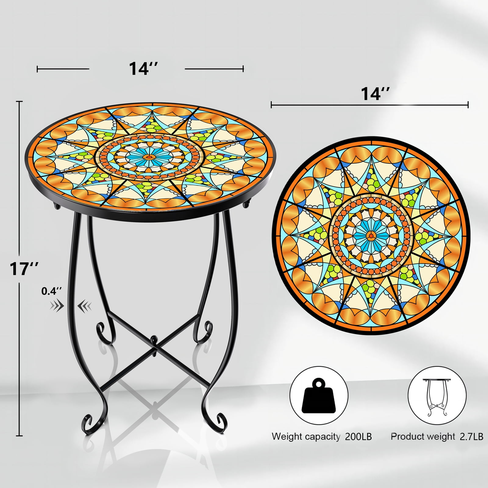 Rekopi 17 inch Table Round Outdoor End Tables Patio Mosaic Tabletop Coffee Table for Living Room, Indoor Outdoor, 2 Pack - Image 3