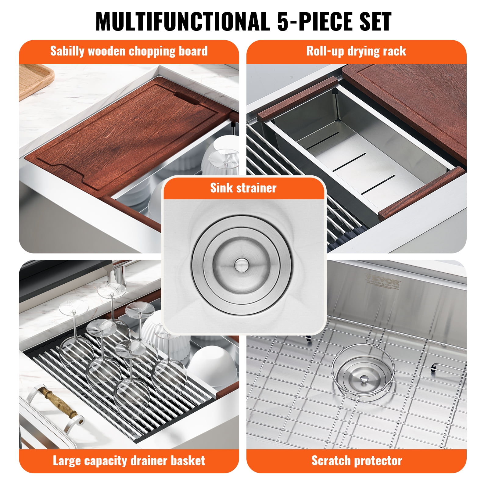 VEVOR Top Mount Farmhouse Kitchen Sink 30''x22'' Drop In Kitchen Sink Workstation Single Bowl Basin Sink 304 Stainless Steel - Image 2