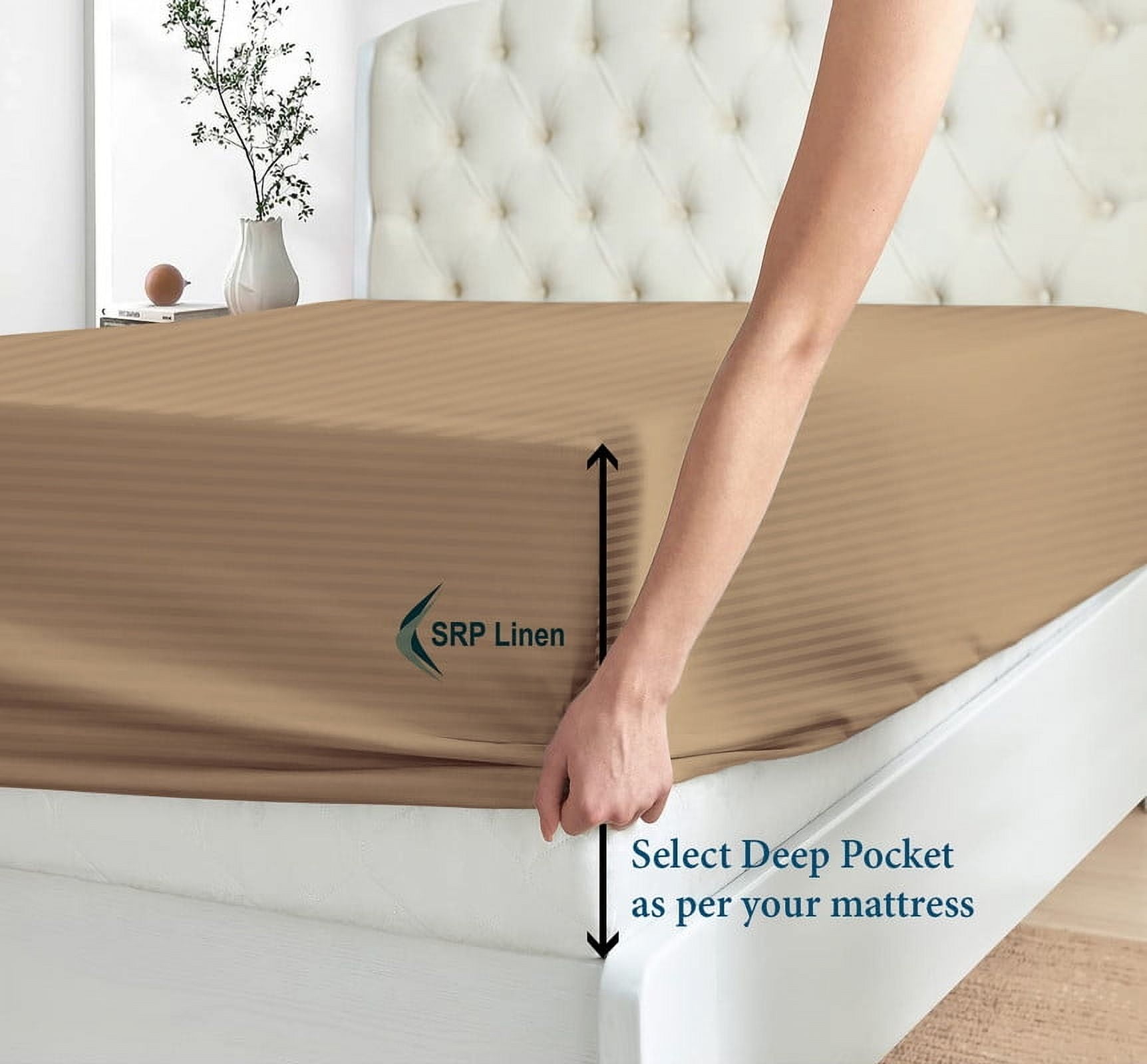 600 Thread Count 4 Piece Quality Sheet Set 24 Inch Deep Pocket 100% Egyptian Cotton Color Taupe Stripe Size Queen - Image 4