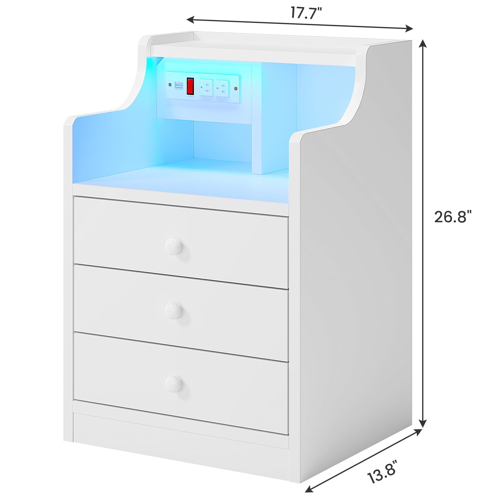 Nightstand with Charging Station and LED Lights, Night Stand with Hutch and Storage Drawers, White - Image 4