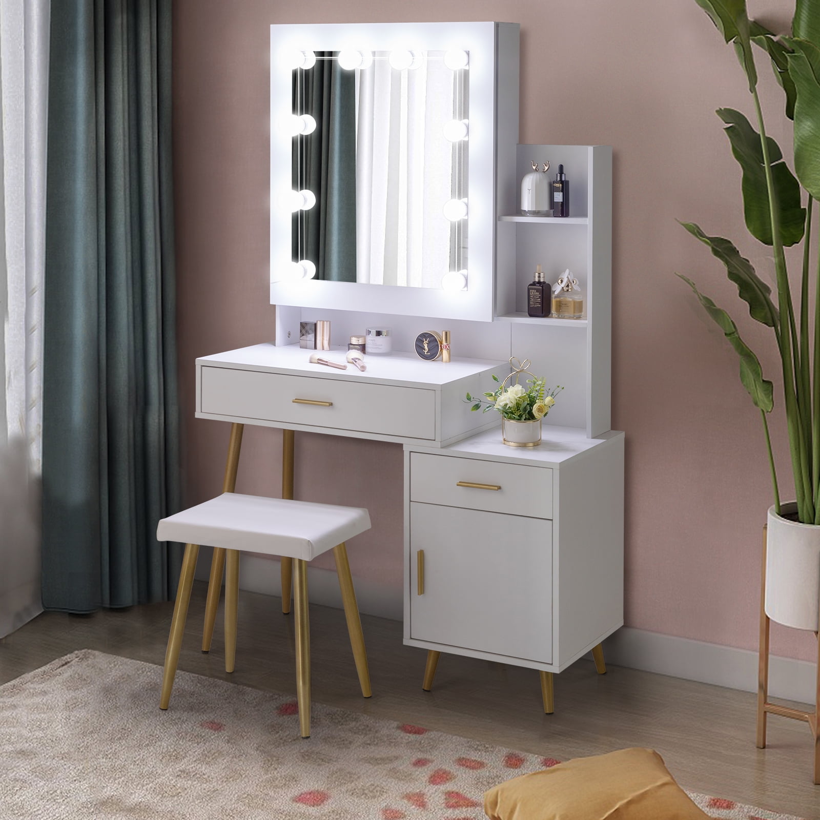 Ktaxon Vanity Table Set with Sliding Mirror, Makeup Table with Storage Cabinet, Dressing Vanity Tables, Dresser Desk for Girls, Women, White - Image 2