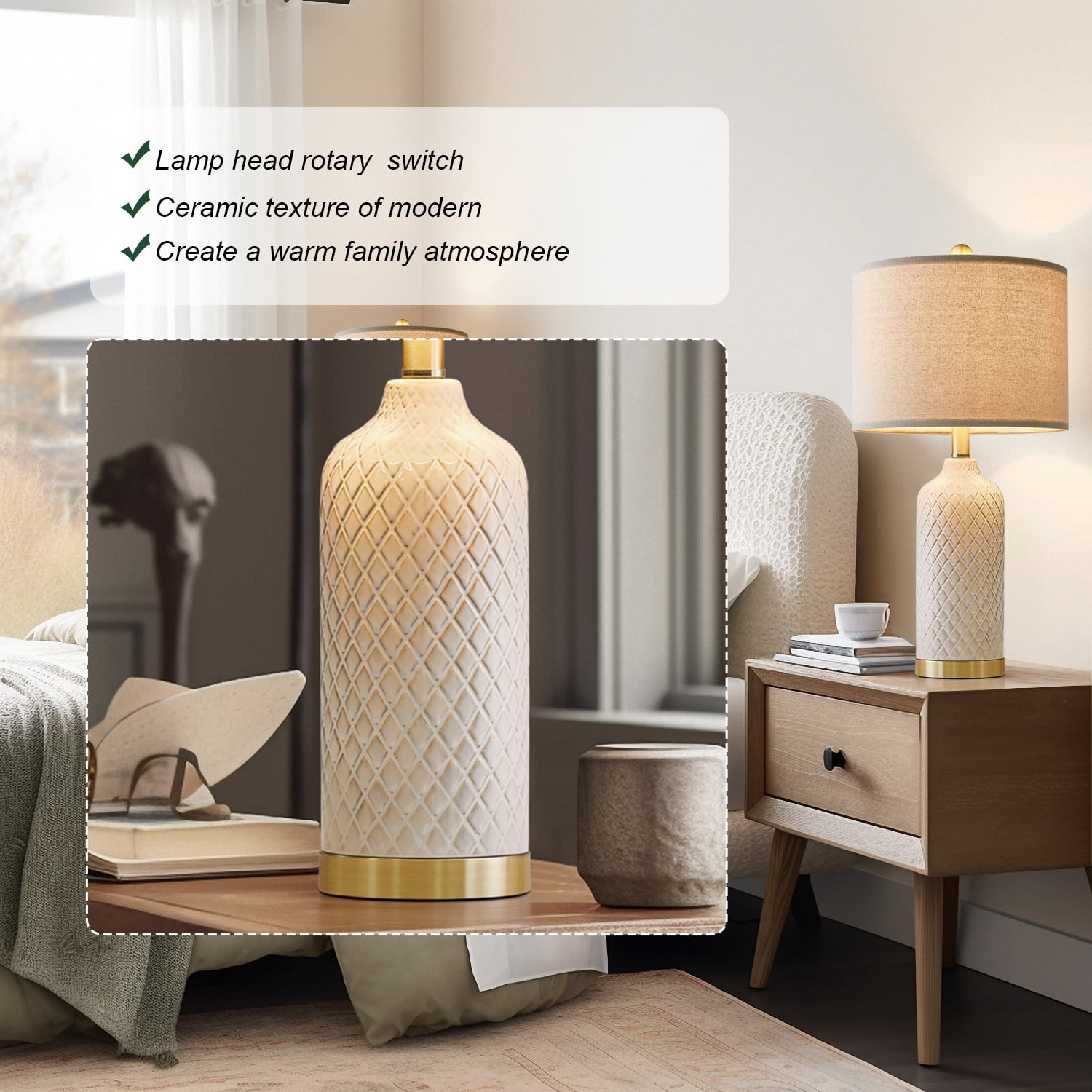 Oneach Ceramic Table Lamps Set of 2 for Living Room Bedroom 24.25" Modern Bedside Nightstand Lamps with Lamp Shades - Image 10