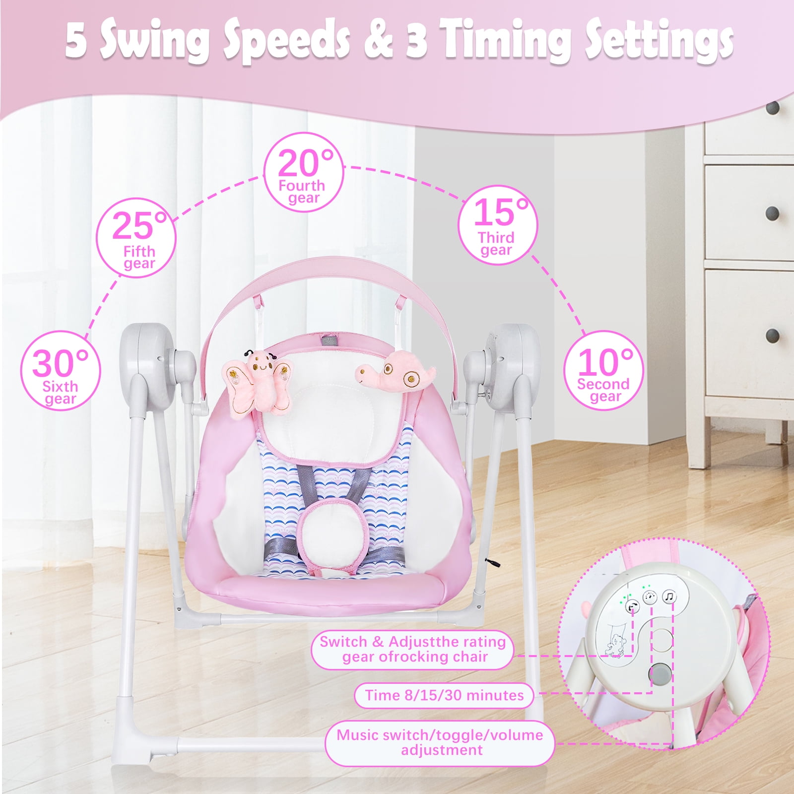 Yadala Baby Swing, Foldable Baby Swing for Infants with 5 Speed, 12 Music, 0-12 Months, Pink - Image 3