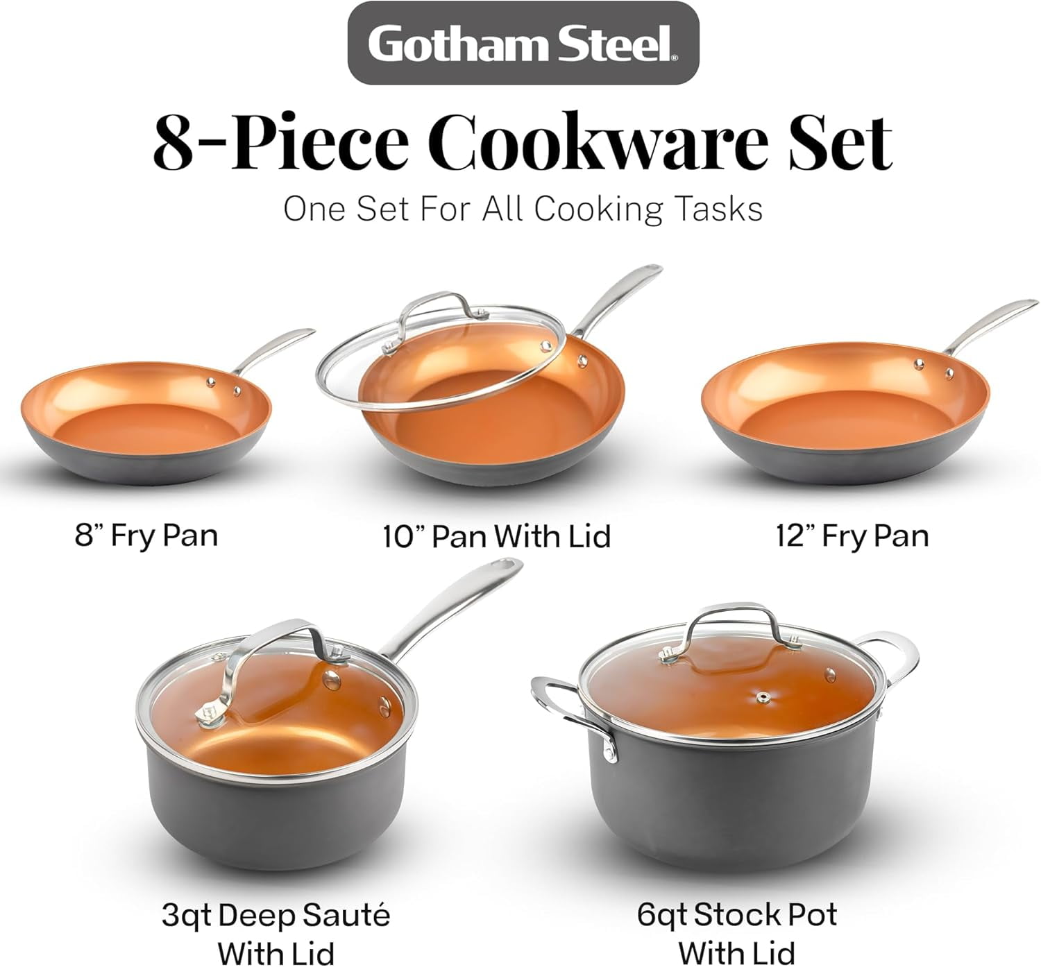 Gotham Steel Pro 8 Pc Nonstick Pots and Pans set Non Stick, Hard Anodized Ceramic Cookware Set Nonstick with Frying Skillet, Saucepan, Oven & Dishwasher Safe, Copper - Image 3