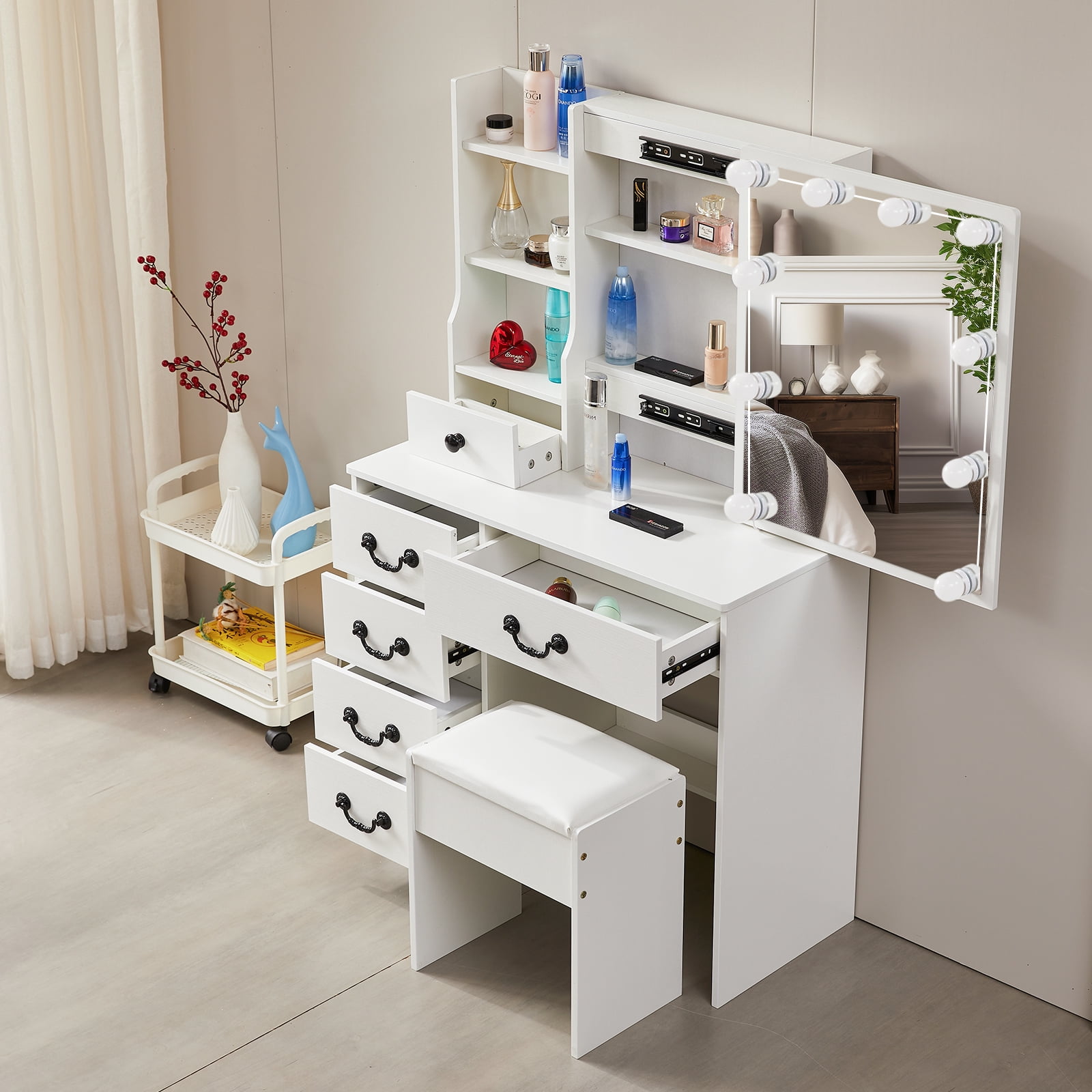 JBLCC Modern Vanity Set with Mirror and Lights, White Vanity Desk with Stool for Women Girls, Makeup Vanity Table with Shelves and 5 Drawers for Bedroom - Image 6