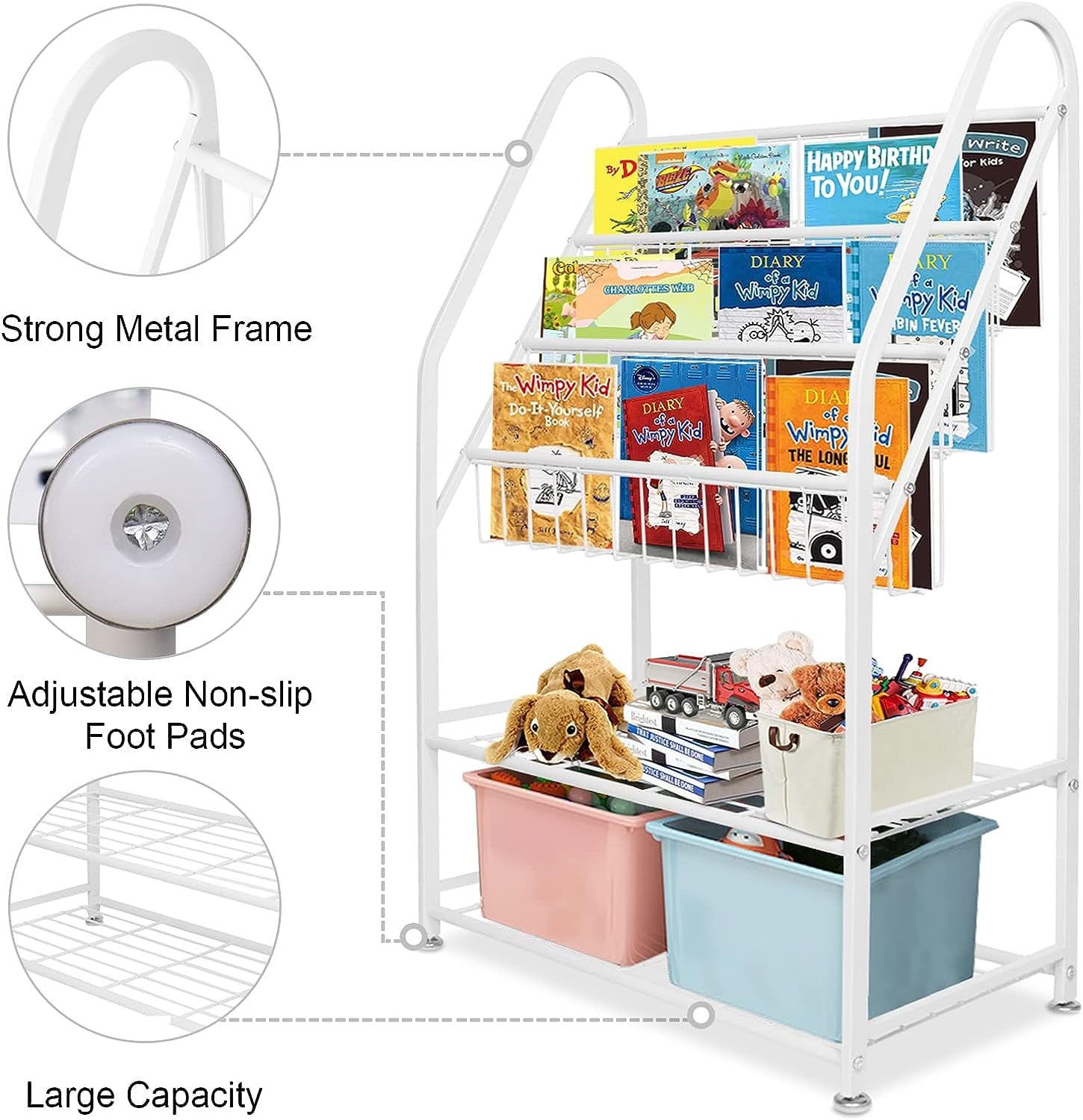 aboxoo Metal Kids Bookshelf Freestanding for Children Room 25 inches Toddler Bookcase Toy Organizer White Stable Bookcase Bookstore Library Book Unit Storage for Small Place - Image 7