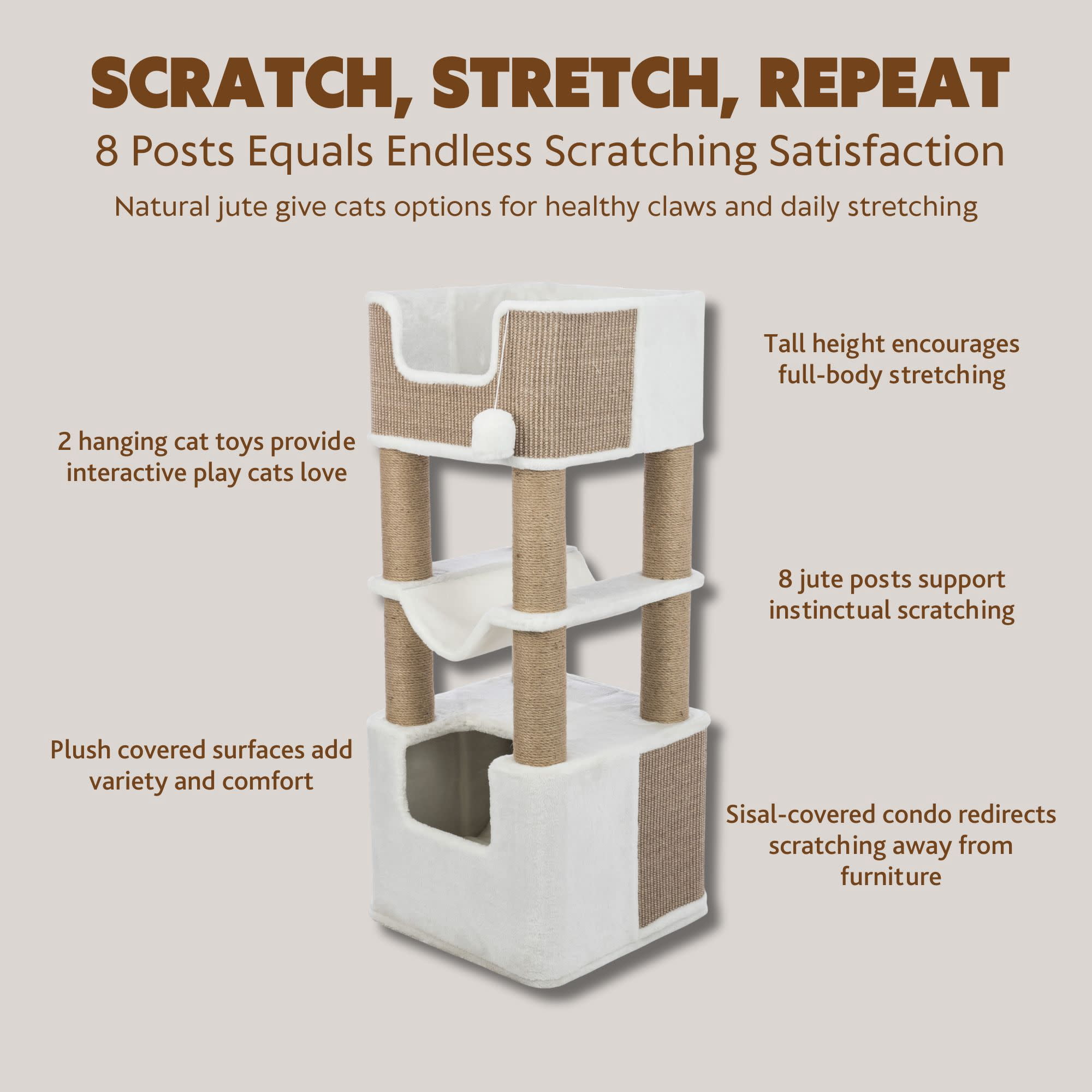 TRIXIE Lucano Xxl 43.3" Multi-Level Cat Tree with Sisal Scratching Posts, Condo & Hanging Cat Toy, Taupe - Image 2