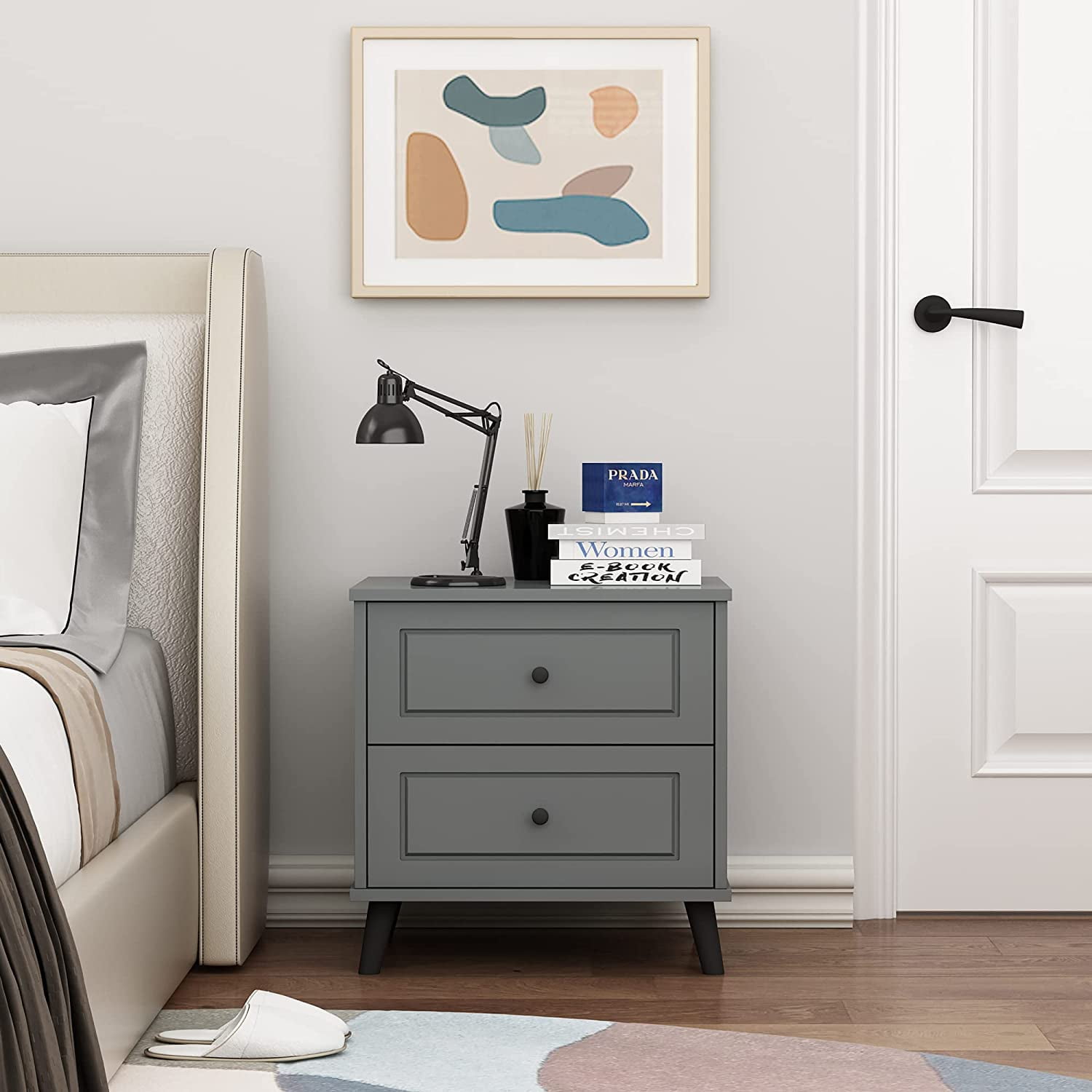 HOMEFORT Modern Wood Nightstand, Beside Table, Night Stands for Bedroom, Sofa End Table, Side Table, 2-Drawer Dresser Chest for Living Room, Gray - Image 2