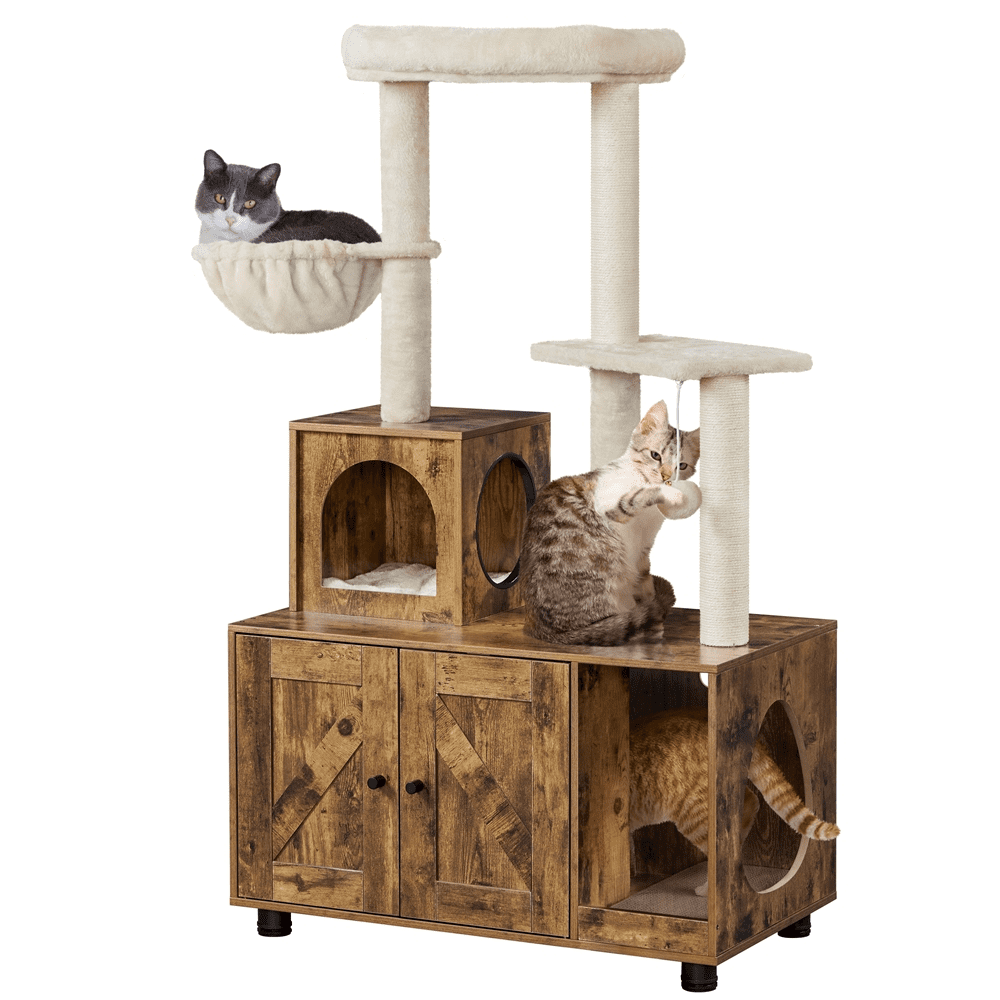 Renwick 53'' Wooden Litter Box Enclosure with Cat Tree Tower, Rustic Brown/Beige - Image 7