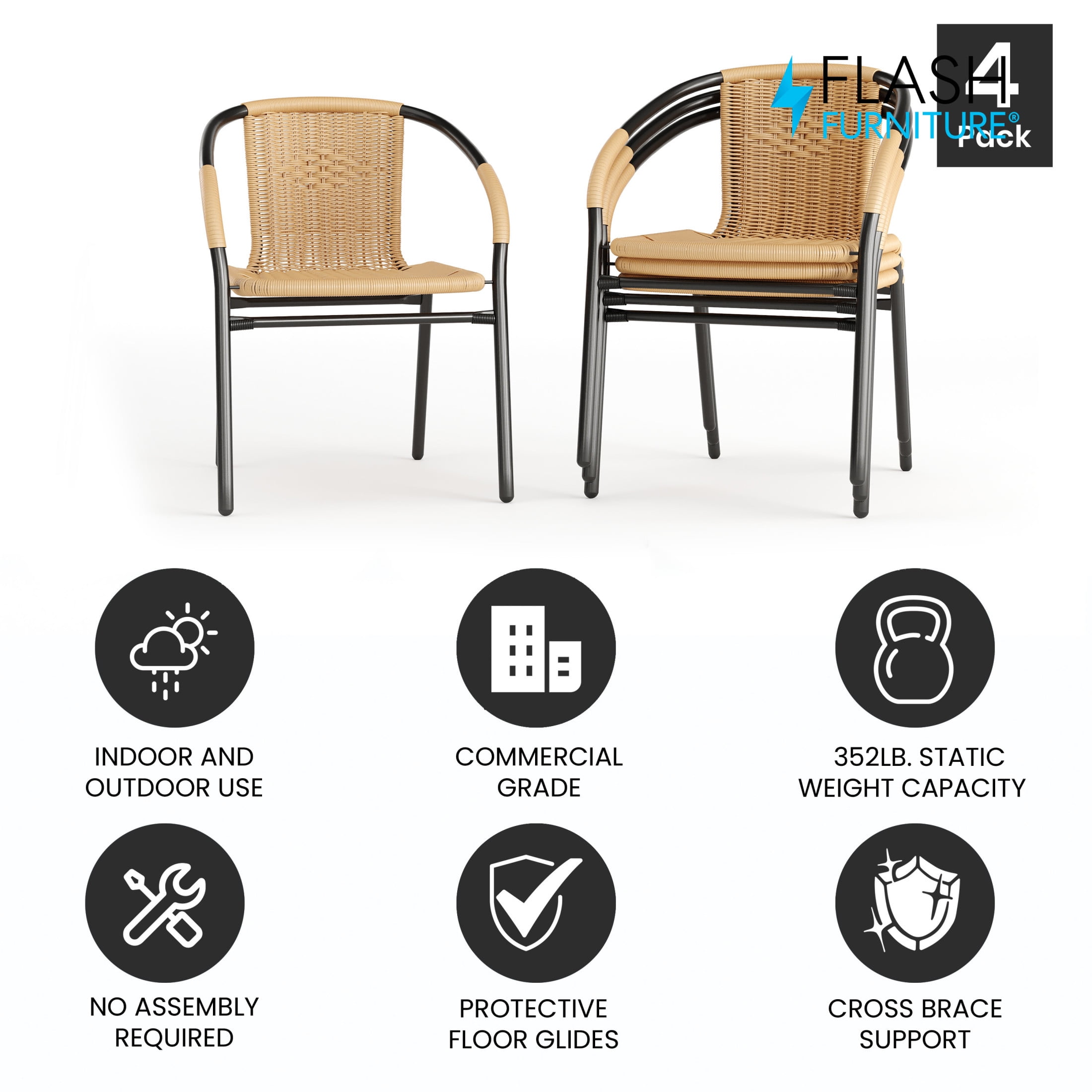 Flash Furniture Lila 4 Pack Beige Rattan Indoor-Outdoor Restaurant Stack Chair - Image 3