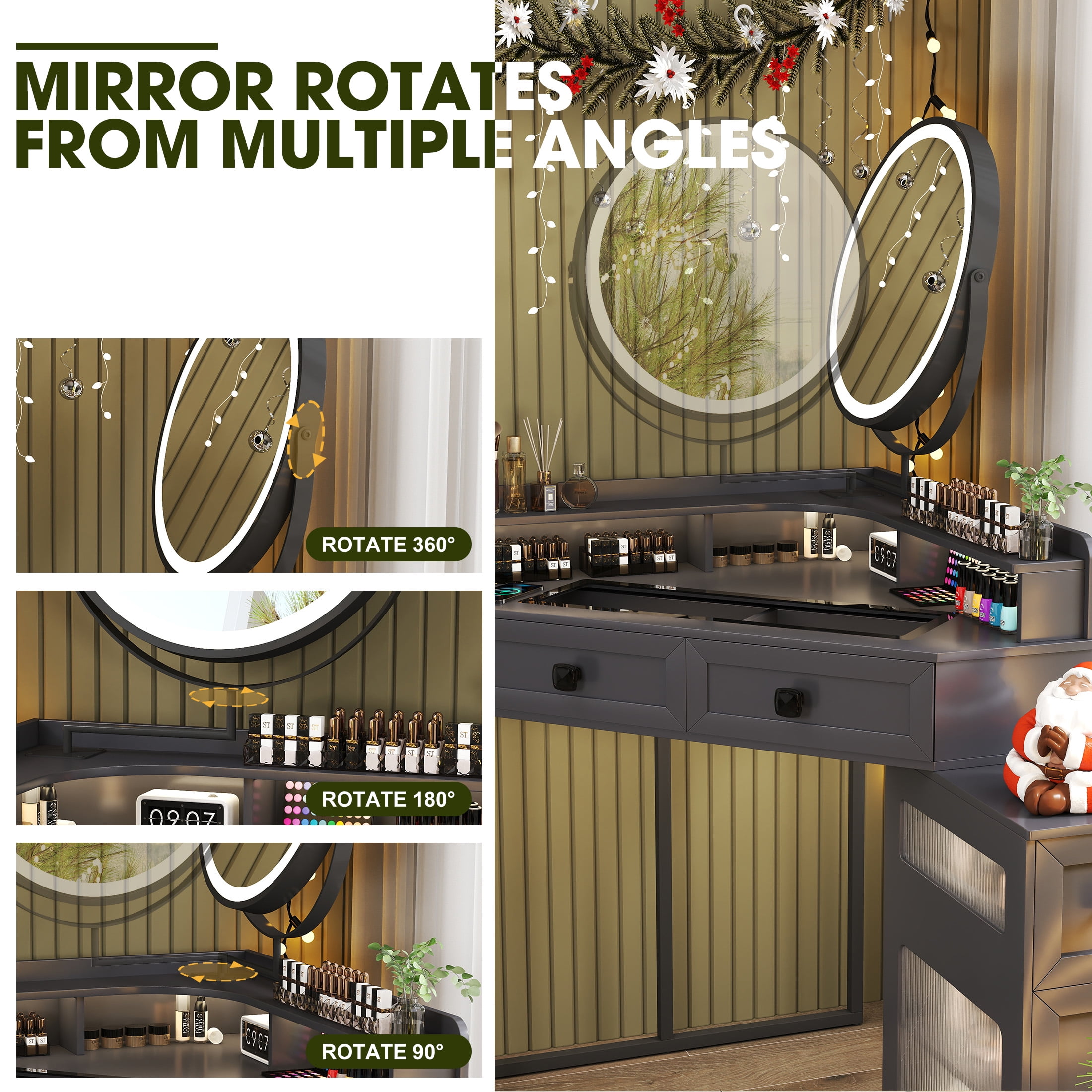 Aukfa Corner Vanity Desk with Mirror, LED Lights, Drawers & Outlet, Vanity Table for Girls, Gray - Image 7