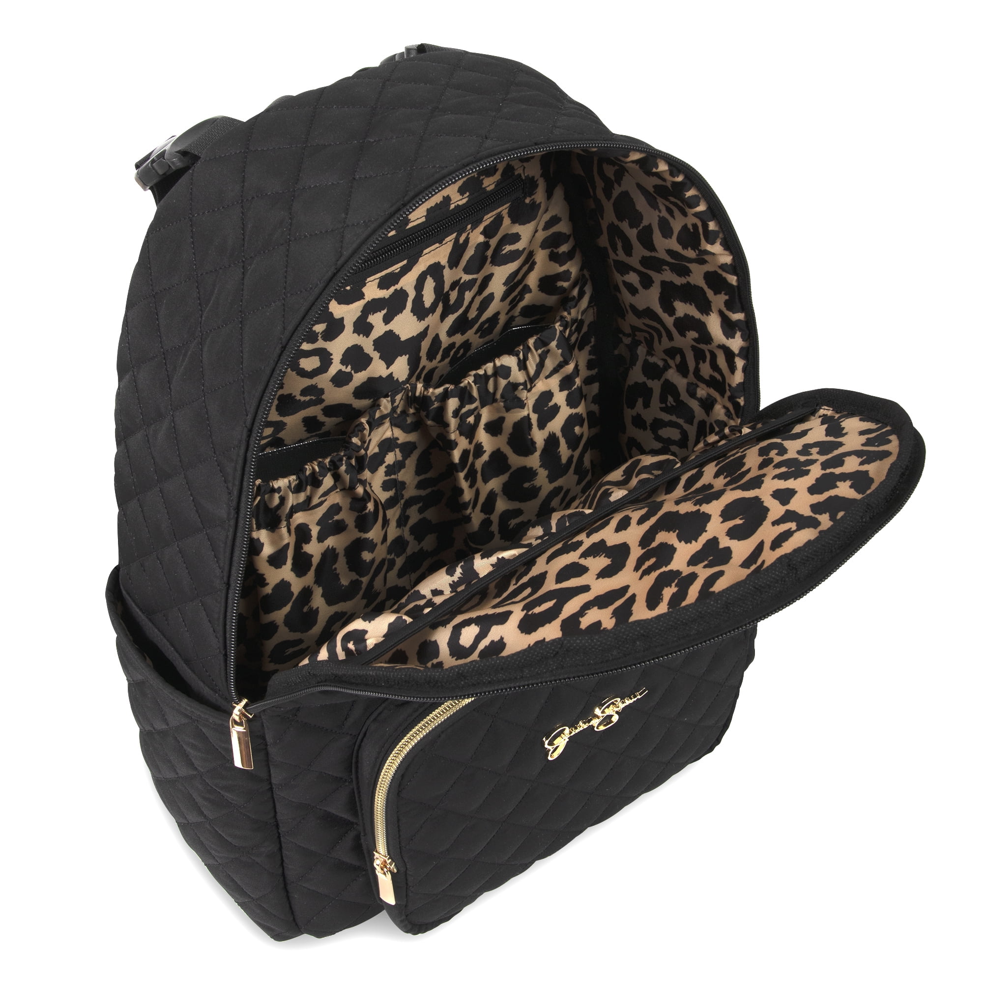 Jessica Simpson Black Diamond Quilted Multi-Pocket Dual Zipper Closure Fashion Diaper Bag Backpack with Leopard Print Interior, Matching 3-Ply Folding Baby Changing Pad & Belted Sling Bag for Mom - Image 3