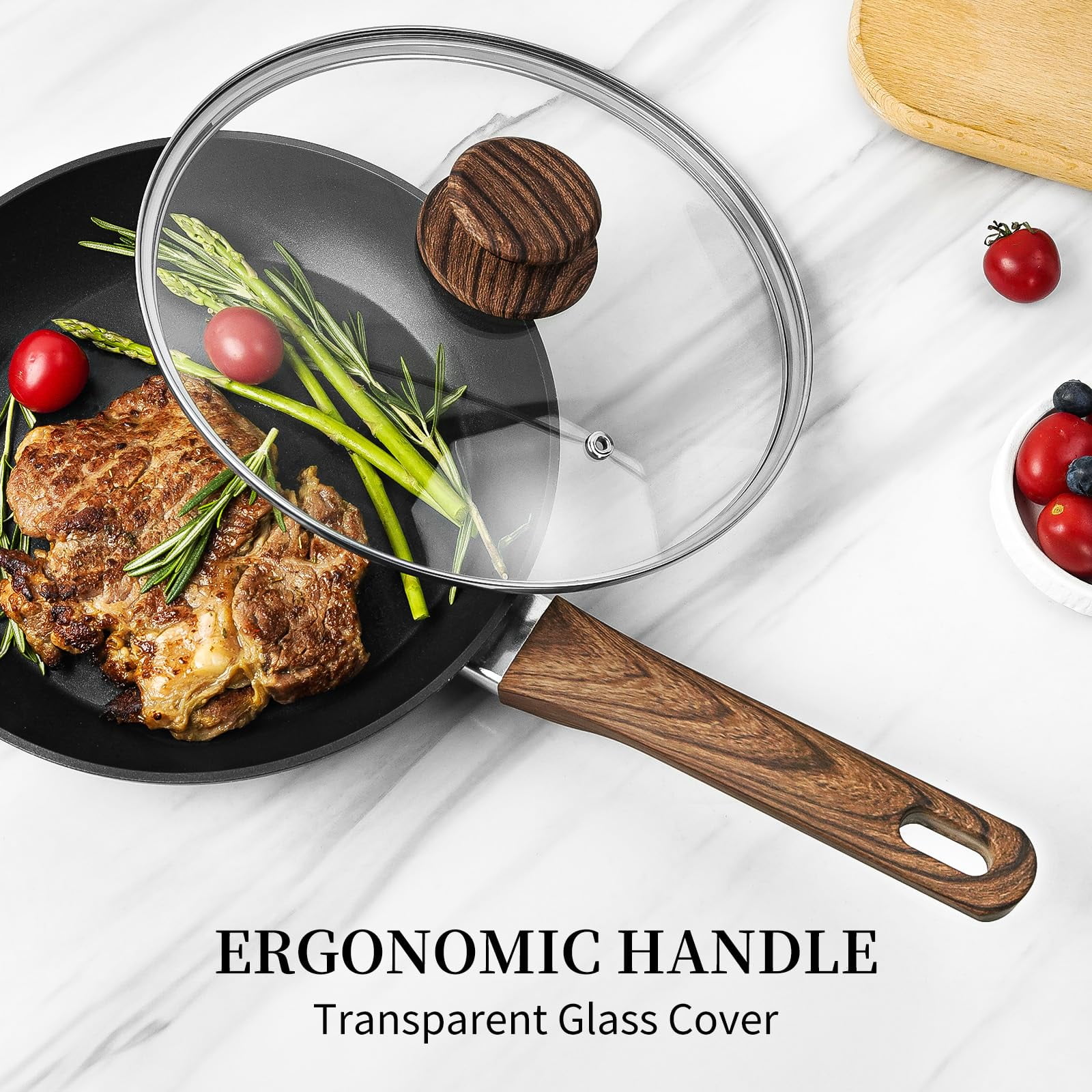 Innerwell 8" 9.5" and 11" Black Nonstick Frying Pan Set with Lid Non Toxic Cooking Kitchen Set Induction Skillets - Image 7