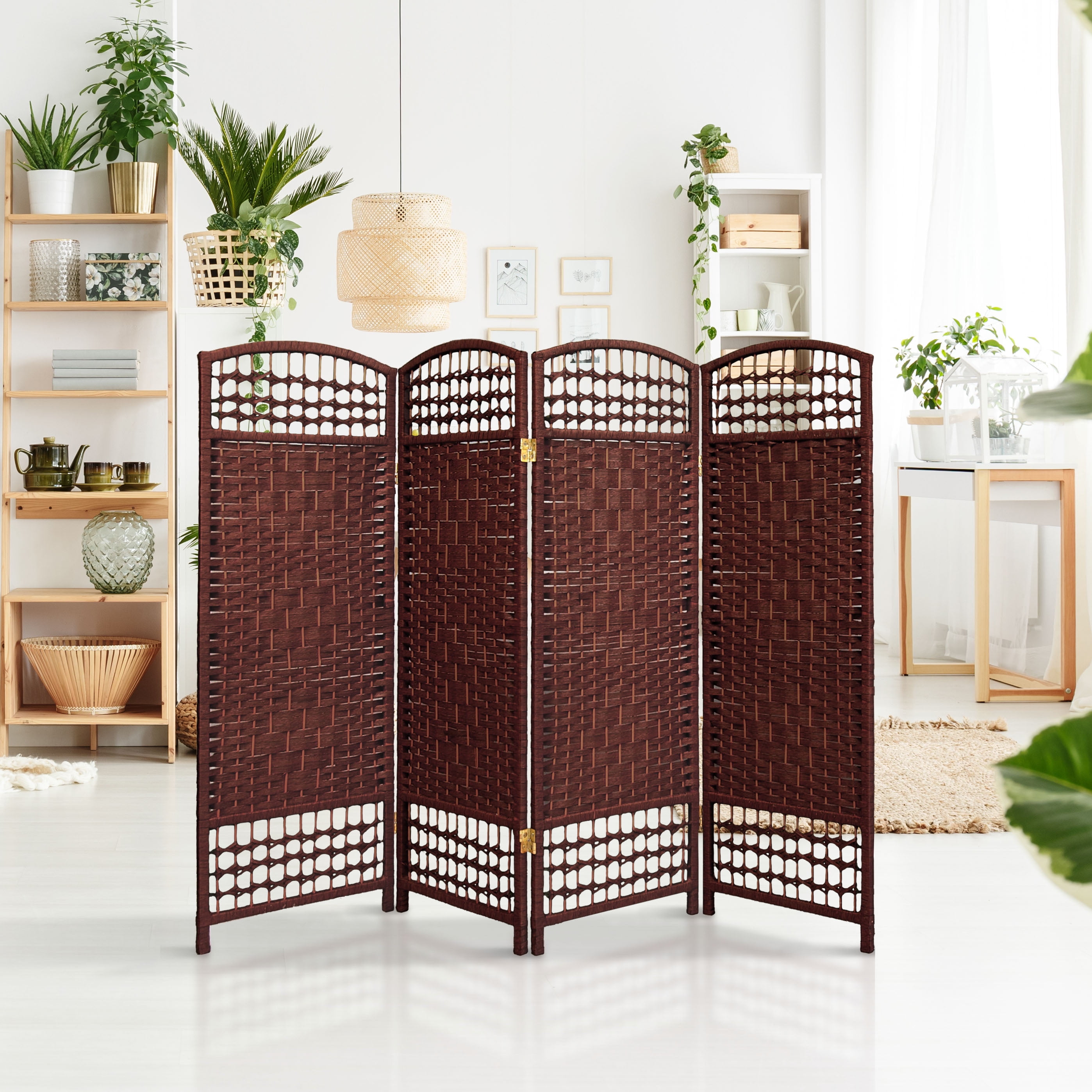 Red Lantern 4 ft. Short Fiber Weave Folding Screen - Dark Red - 4 Panels - Image 4