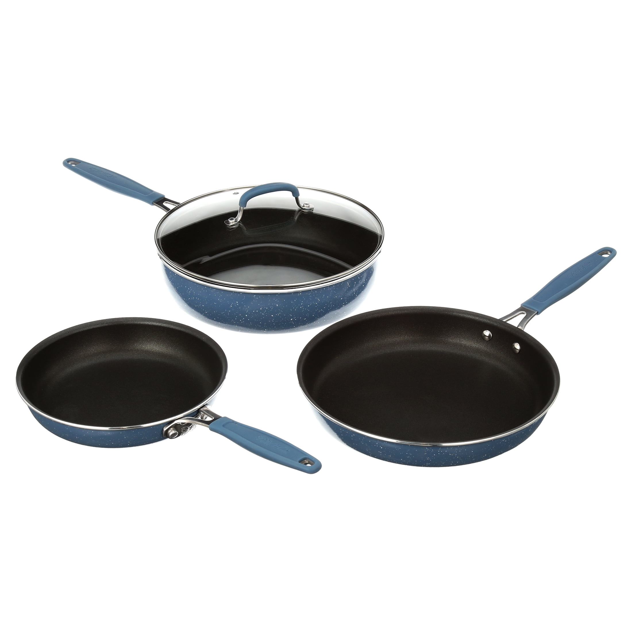 The Pioneer Woman Frontier Speckle 12-Piece Nonstick Cookware Set with Soft Grip Handles, Denim Blue - Image 3