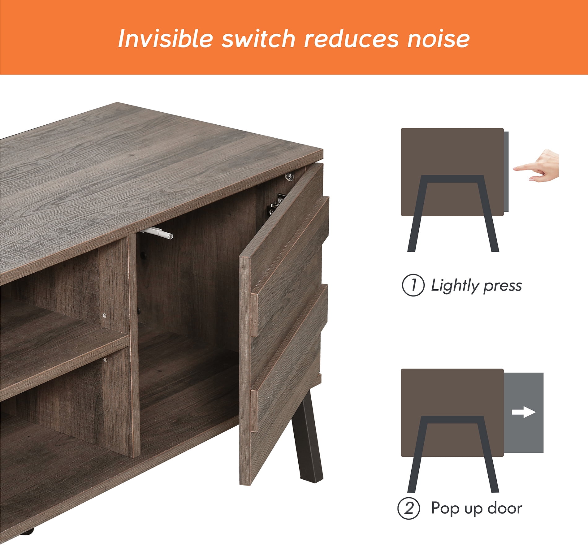 Mid-century LED TV Stand with Push To Open Cabinet and Metal Legs for Living Room, Brown - Image 4