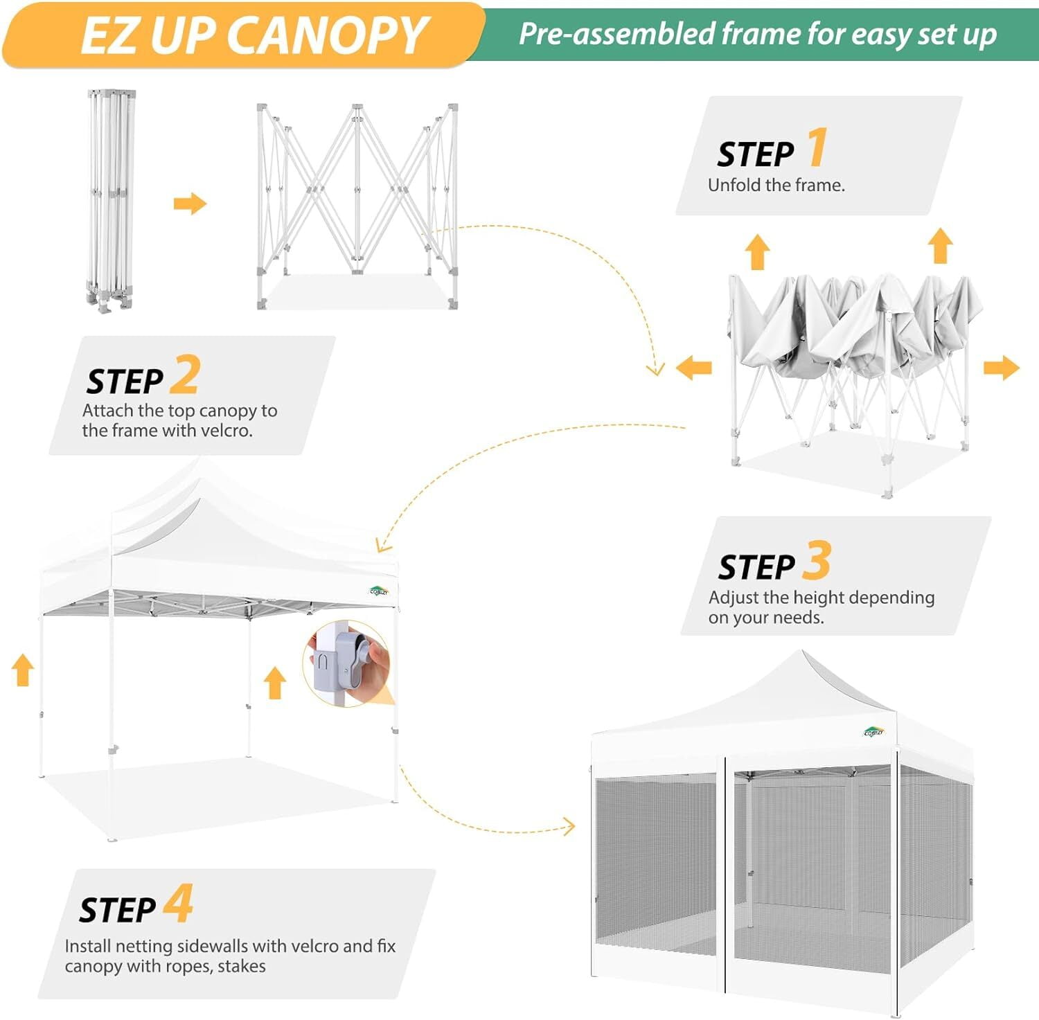 COBIZI 10x10 Heavy Duty Canopy, Pop Up Canopy Gazebo with Netting, Waterproof & Sunproof Party Tent with Mosquito Net, Outdoor Instant Canopy for Outside Party Backyard, Weddings, Birthdays, White - Image 10
