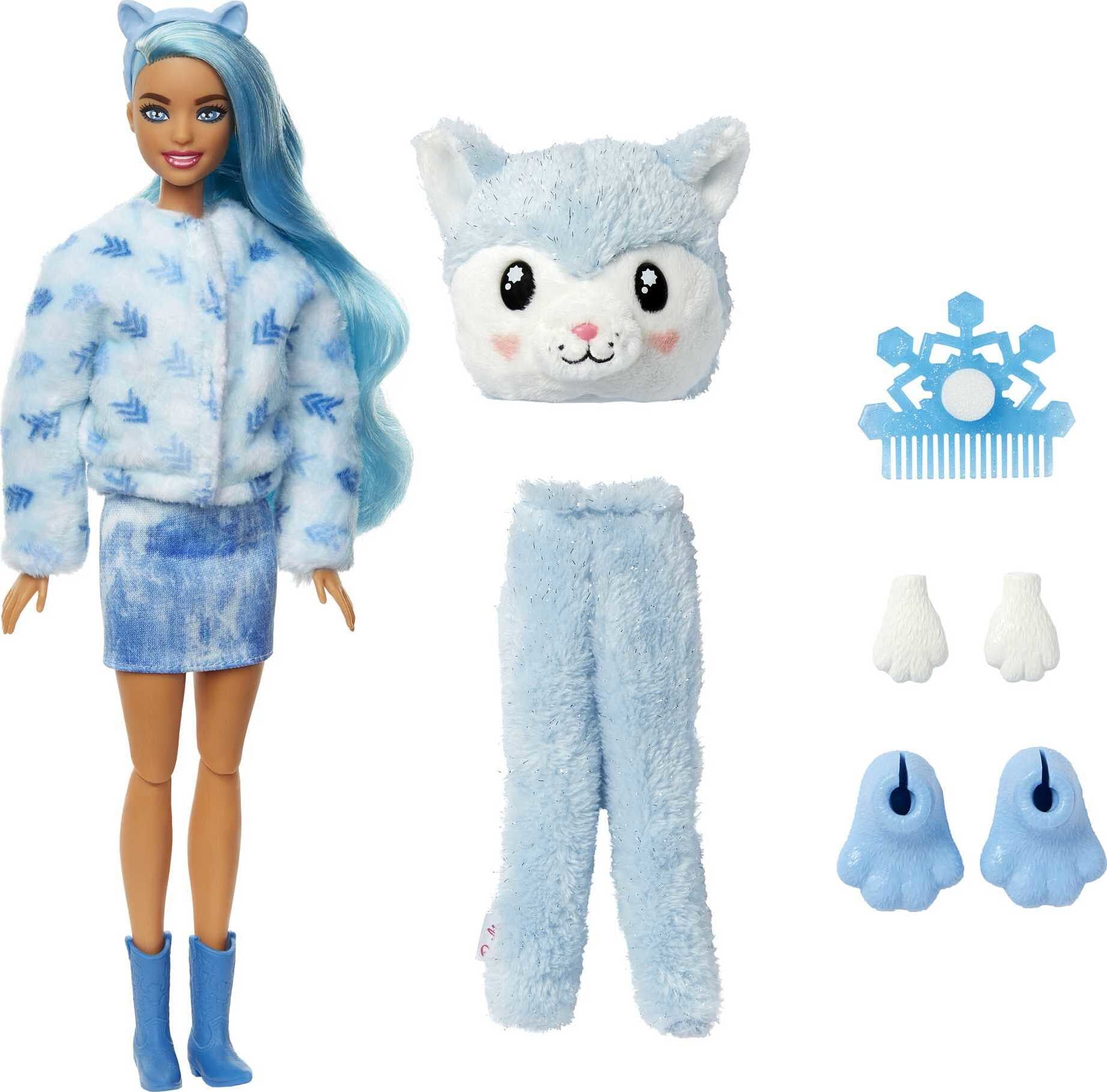 Barbie Cutie Reveal Snowflake Sparkle Fashion Doll with Husky Plush Costume, Mini Pet & Accessories - Image 4