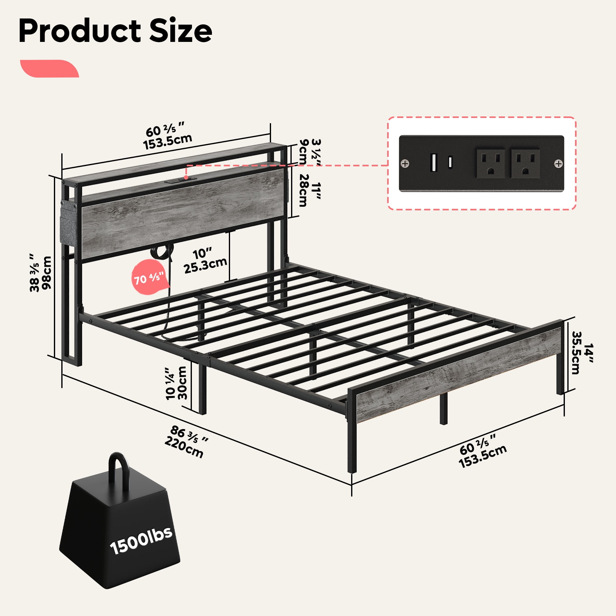 Bestier Queen Size Platform Bed Frame with Led Storage Headboard Charging Station and Bedside Caddy, Grey - Image 10