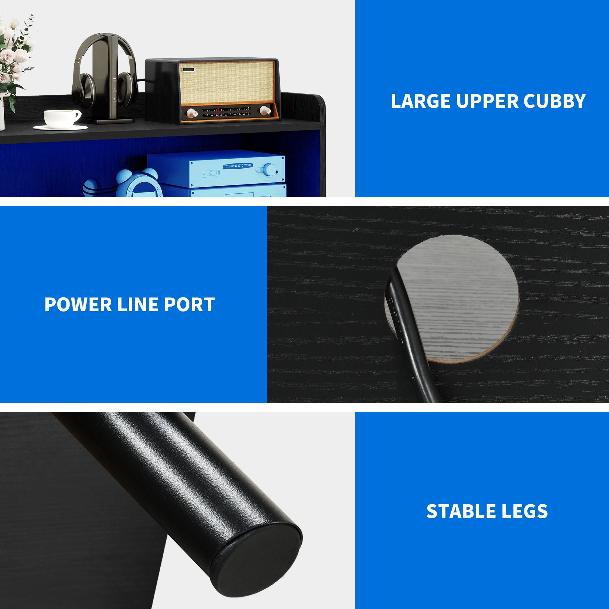 DEXTRUS Record Player Turntable Stand with Power Outlets and LED Lights, Holds 150-200 Albums, Black - Image 3