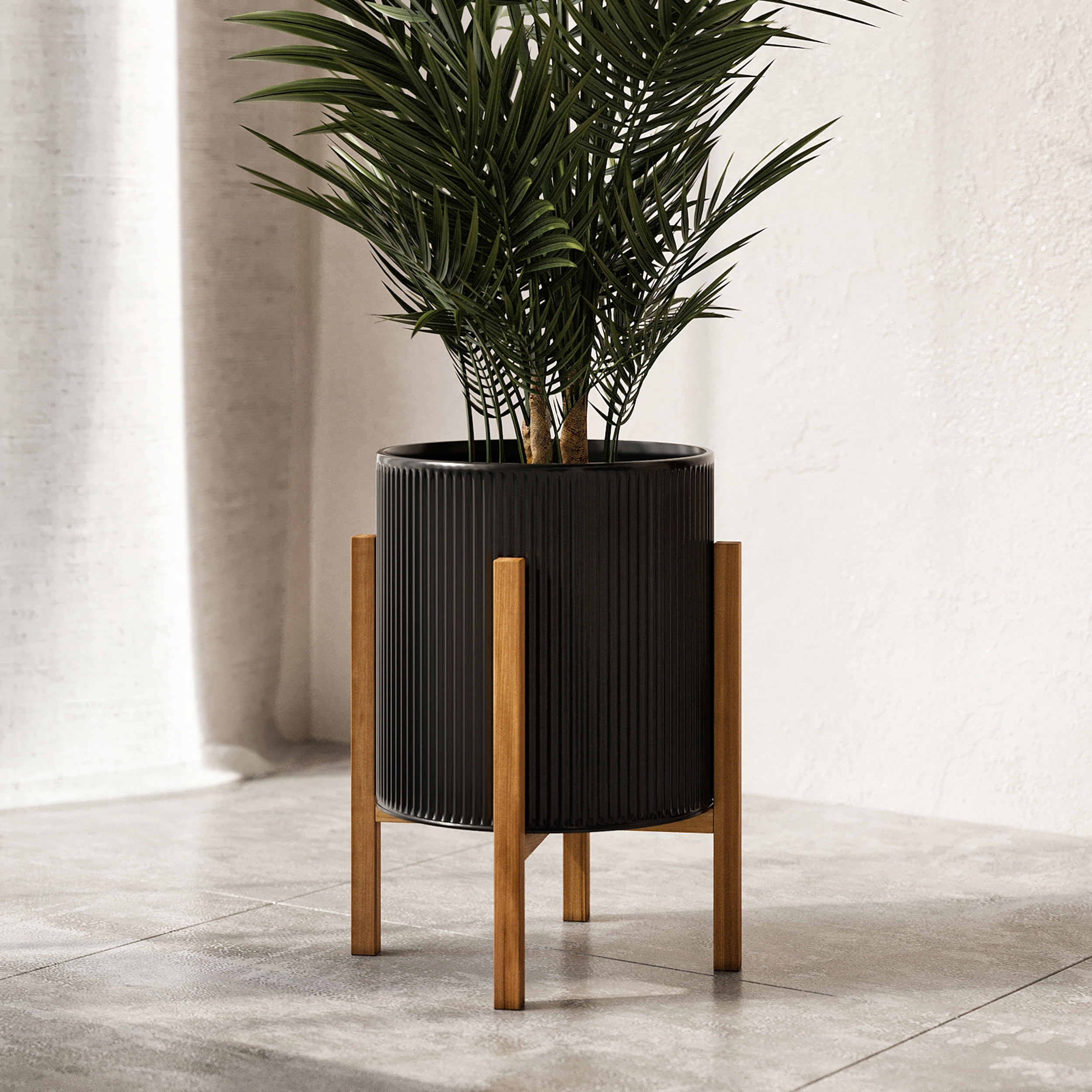 Aspire Home Accents 18.25” x 14” Black Mid-Century Modern Metal Planter with 4-Leg Wood Base - Image 2