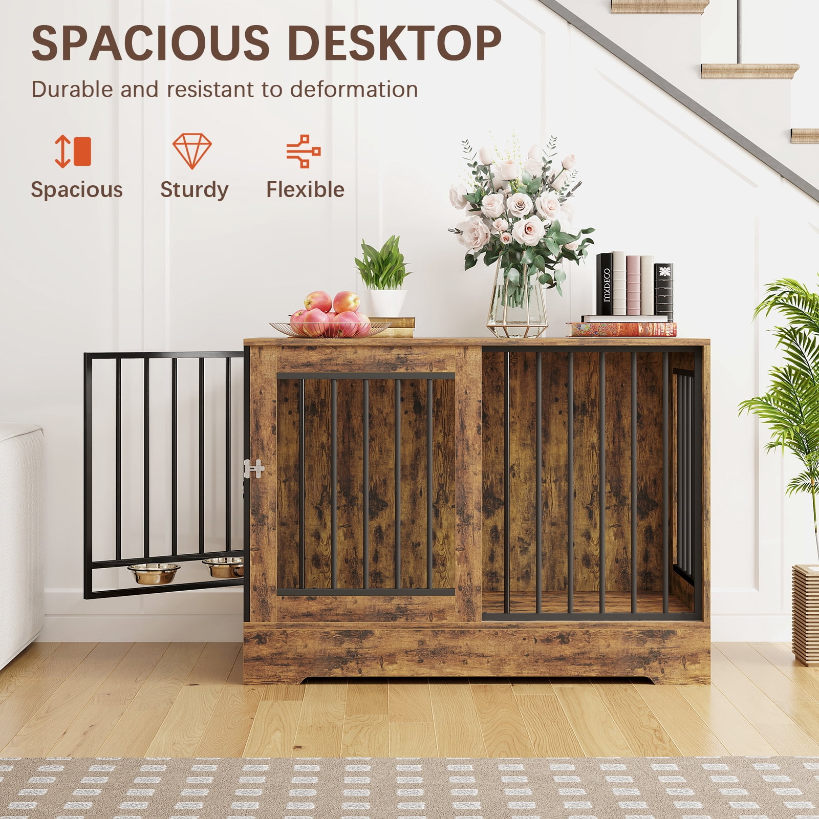 SUGIFT 47" Wooden Dog Crate Furniture with Double Doors, Rustic Brown Indoor Dog Kennel End Table for Large Dogs - Image 2