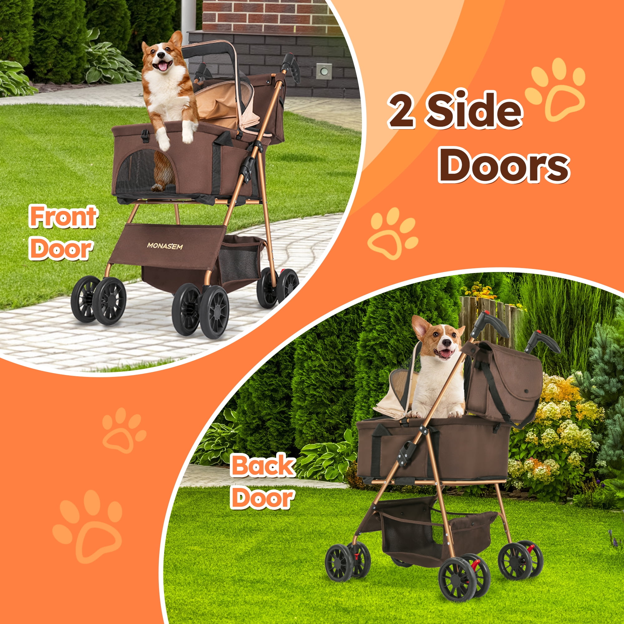 Monasem 4 Wheels Foldable Pet Stroller 3 in 1 with Waterproof Detachable Pets Travel Carrier for Small/Medium Dogs Cats up to 60lbs, Brown - Image 8