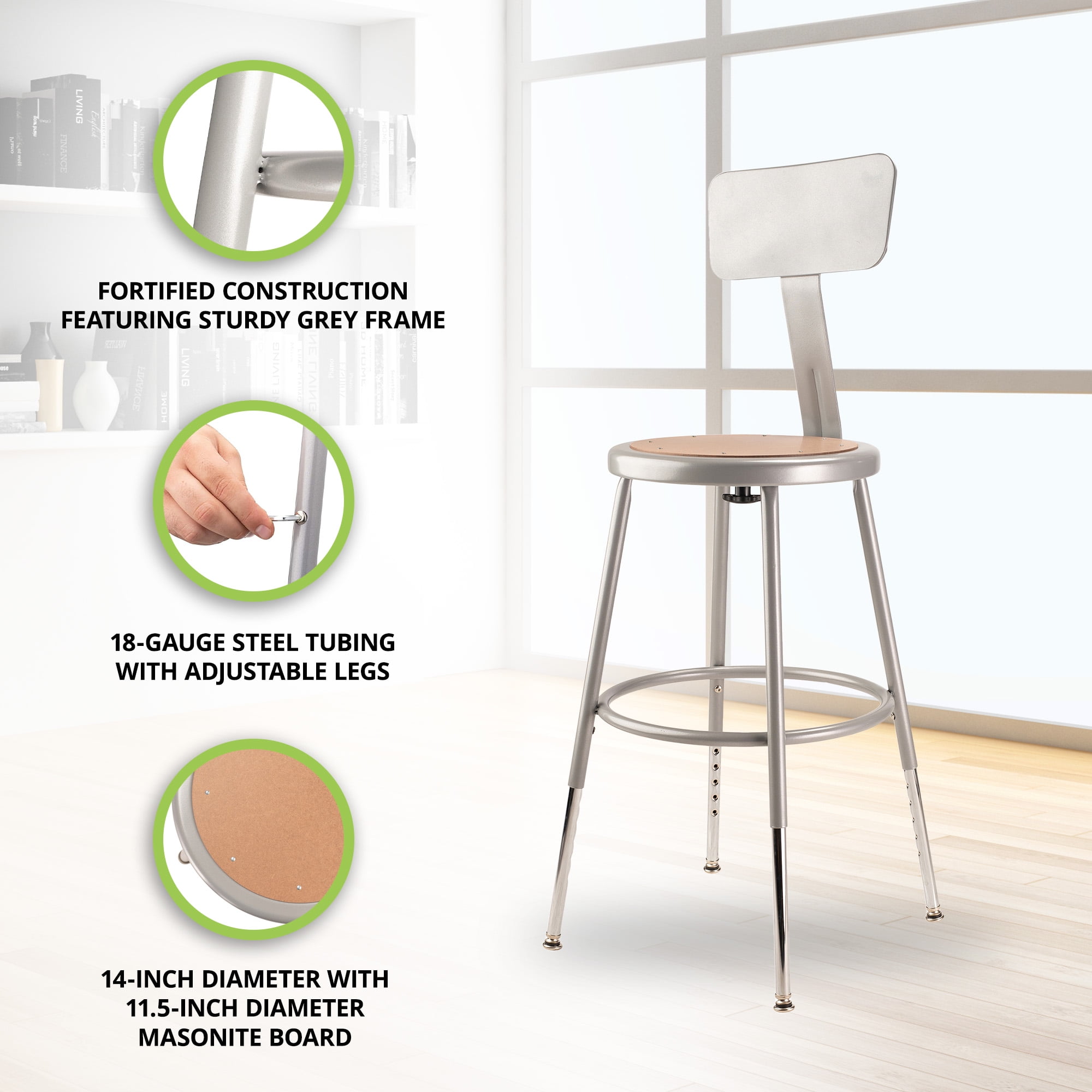 STOOL STEEL ADJUSTABLE HEIGHT W/BACKREST 19-27H - Image 6