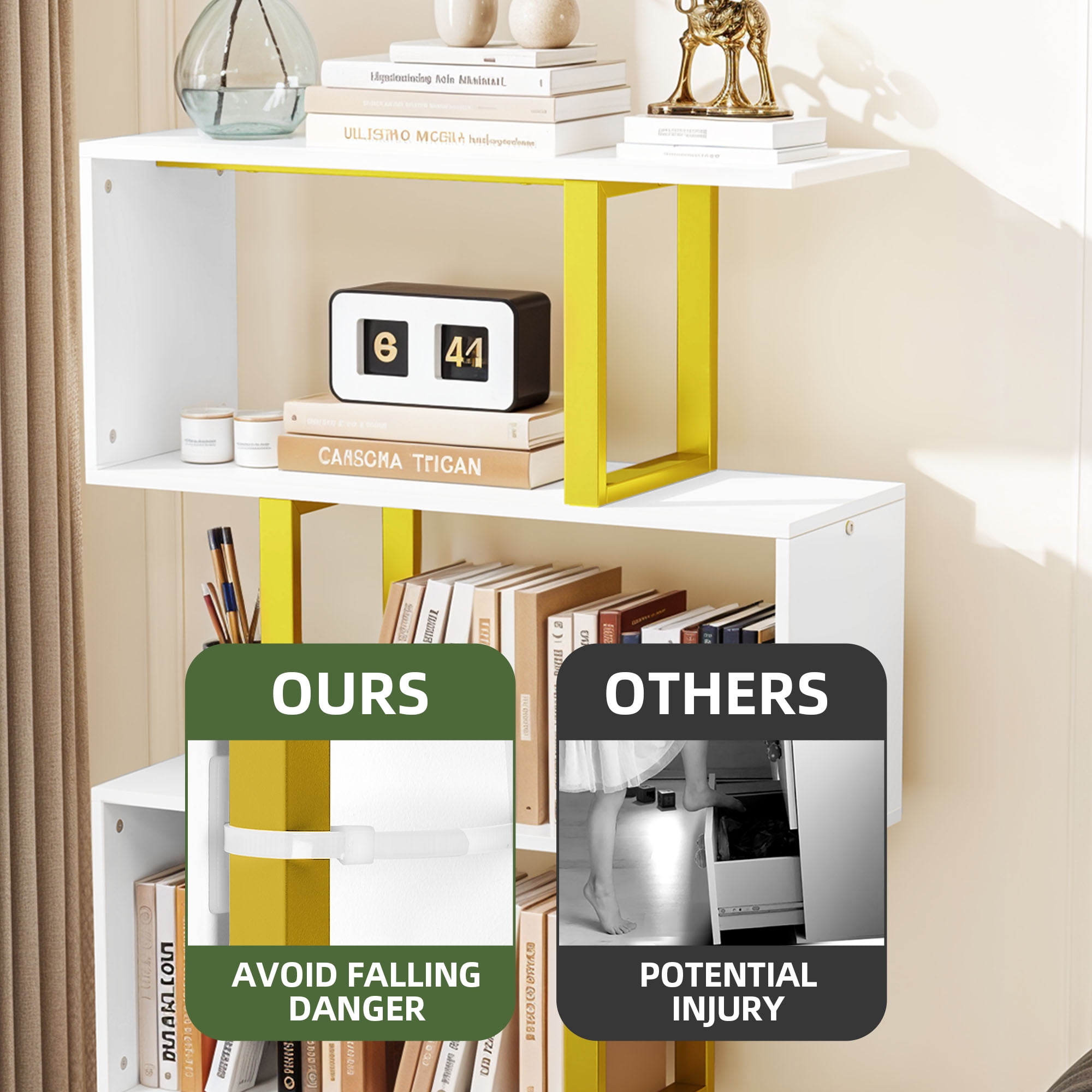 Dextrus 5-Tier S-Shape Bookshelf, Modern Wood & Metal Bookcase for Living Room, Bedroom, Home Office – Gold - Image 10