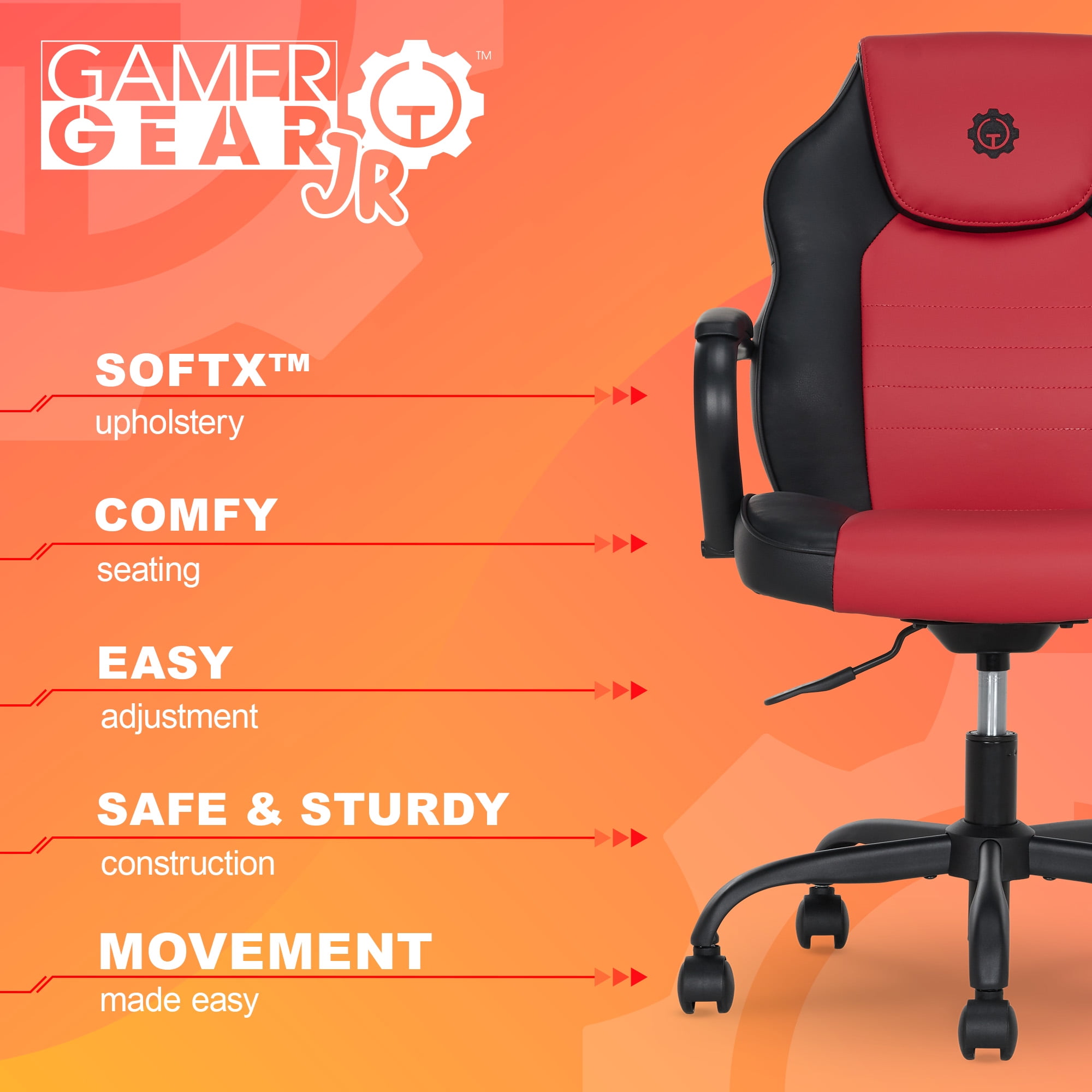 Gamer Gear Jr. Xplorer Gaming and Computer Chair, Kids and Teens Gaming Chair with Padded Arms, Adjustable Height, Red and Black - Image 7
