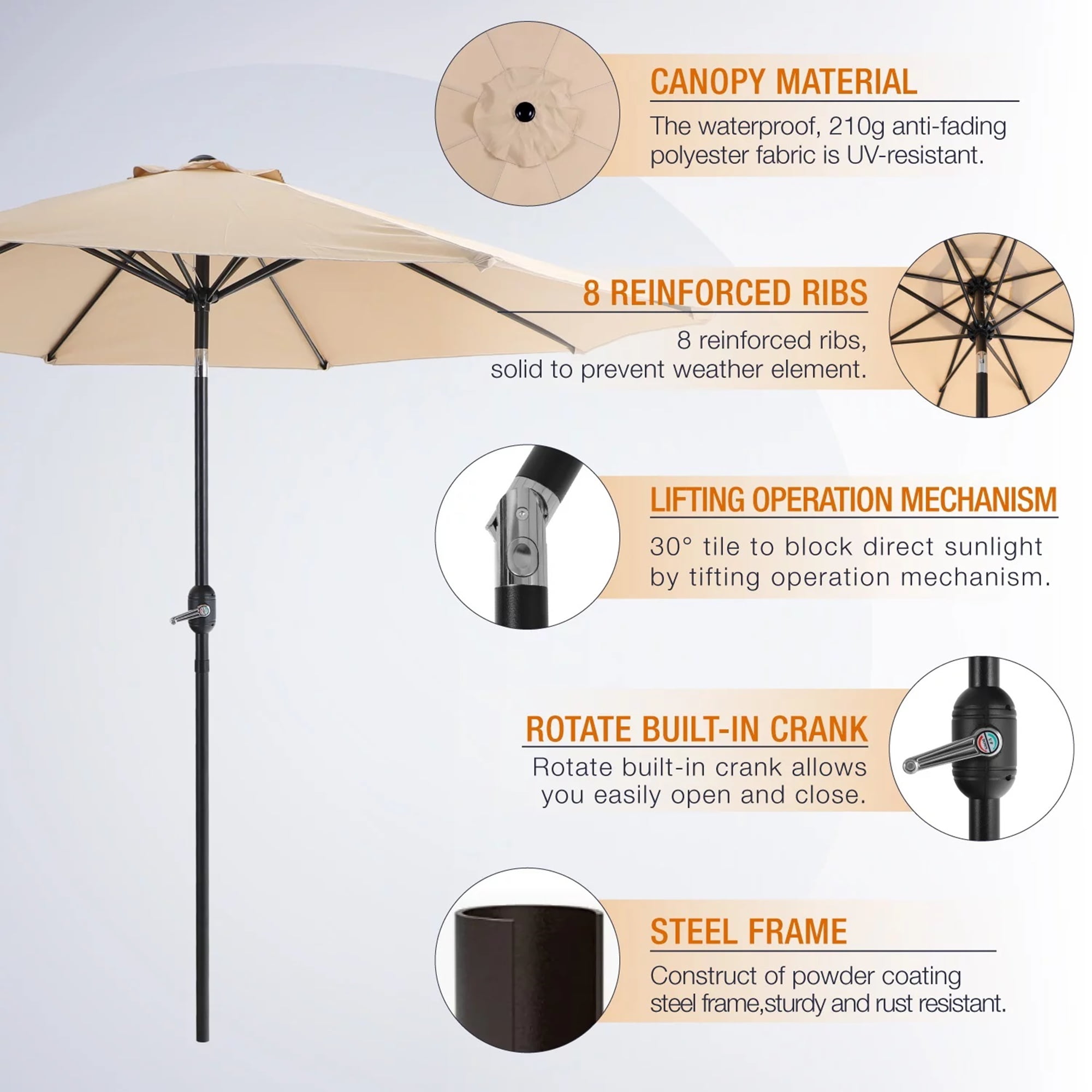 MF Studio 4-Piece Outdoor Conversation Set with 9 ft Umbrella, Side Table & Two Stack-able Chairs, Black & Beige - Image 11