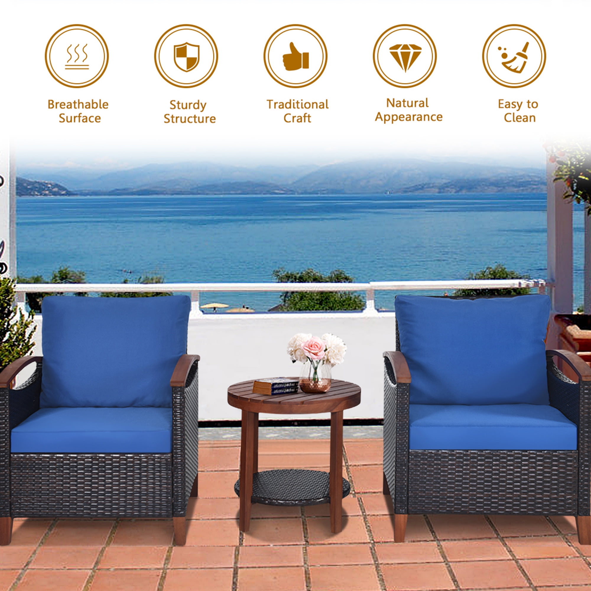 Gymax 3PCS Patio Wicker Rattan Conversation Set Outdoor Furniture Set w/ Cushion - Image 3
