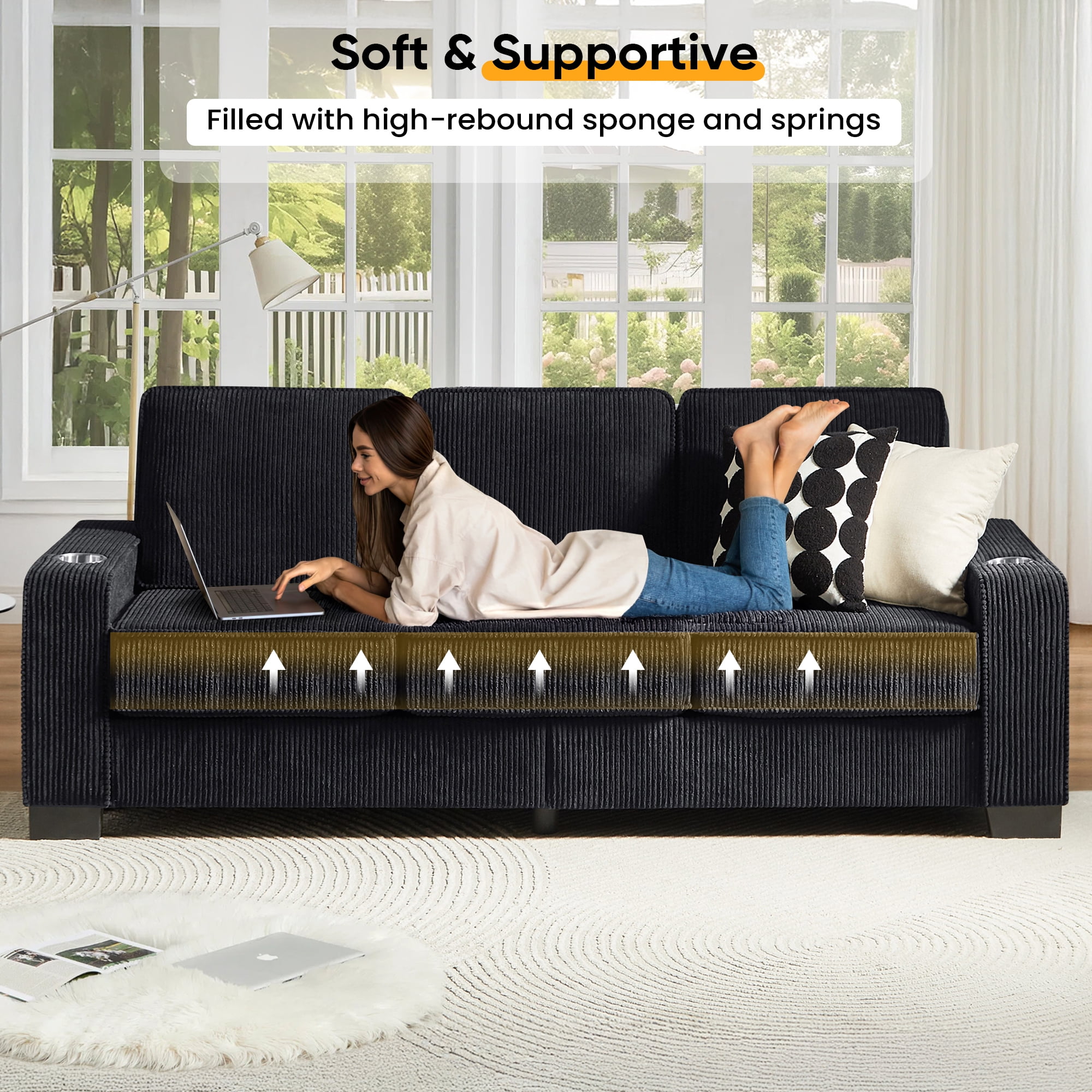 Lunale 83.9" Corduroy Sofa with Cup Holders, Modern 3-Seater Couch for Living Room, Black - Image 2