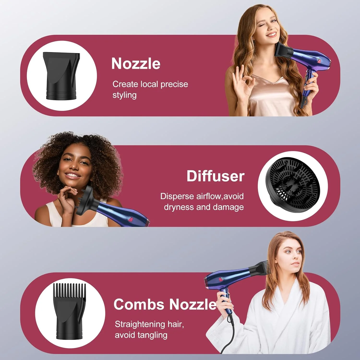 Hair Dryer, CONFU 1875W Professional Ionic Blow Dryer for Hair Care,3 Attachments for Home Salon Travel, Purple - Image 4