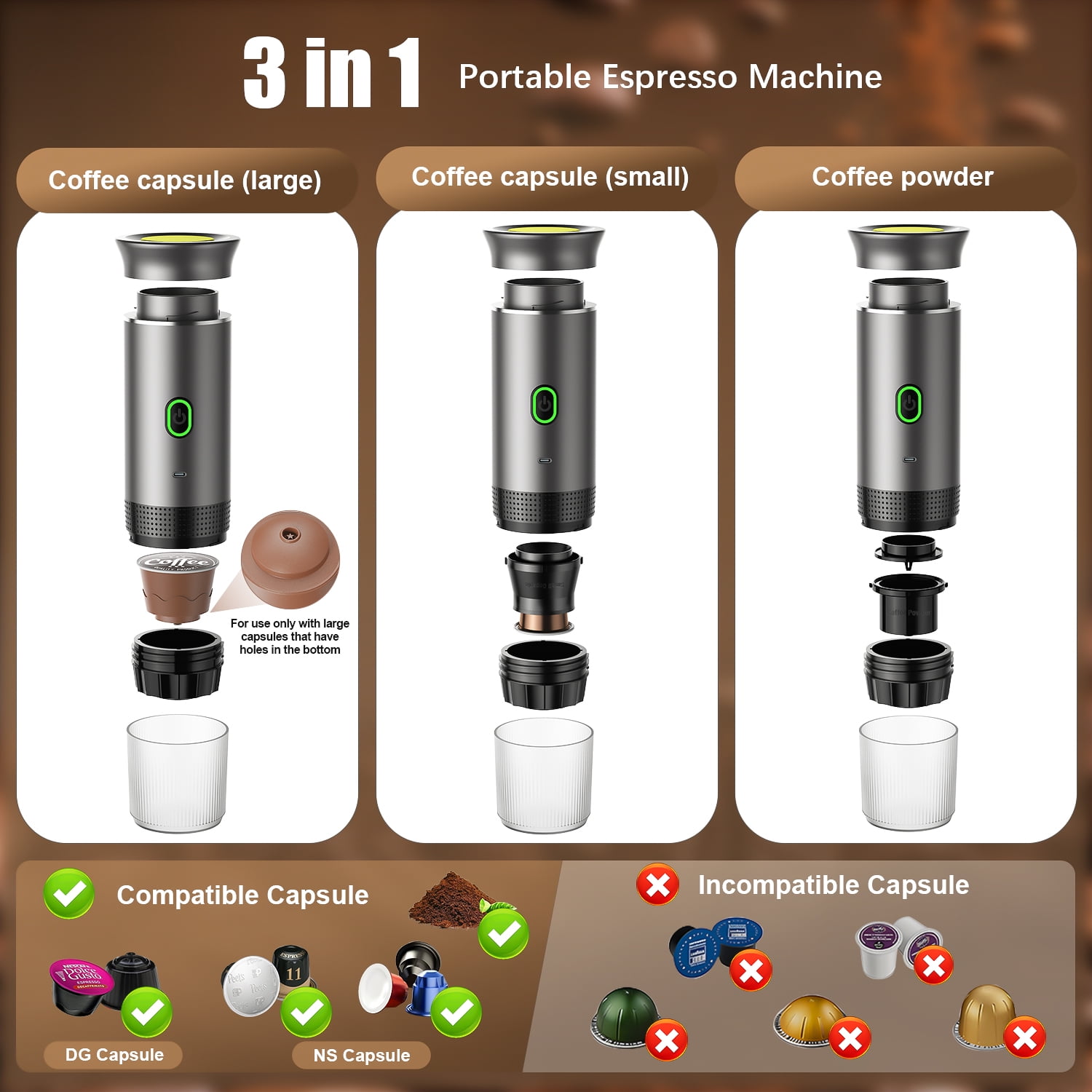 TINANA Portable Espresso Machine for Travel, 3-in-1 Mini Coffee Maker with USB-C, Compatible with NS/DG Capsules/Ground Coffee, 20 Bar, Ideal for Camping, Car, Office & Gifts, Gray - Image 4