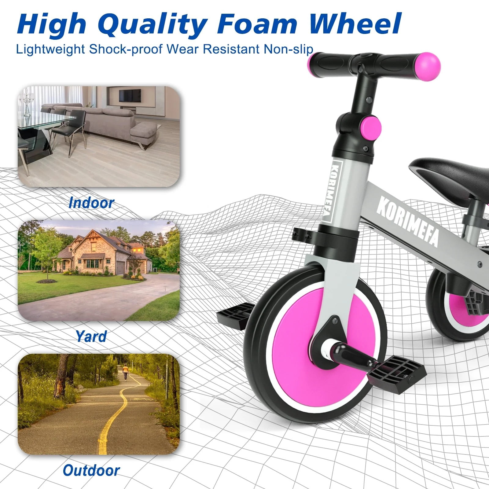 KORIMEFA 5 in 1 Kids Tricycle for 1-4 year olds, Toddler Bike Kids Trike for Balance Training, Baby Bike with Push Handle for Boy Girl - Image 6