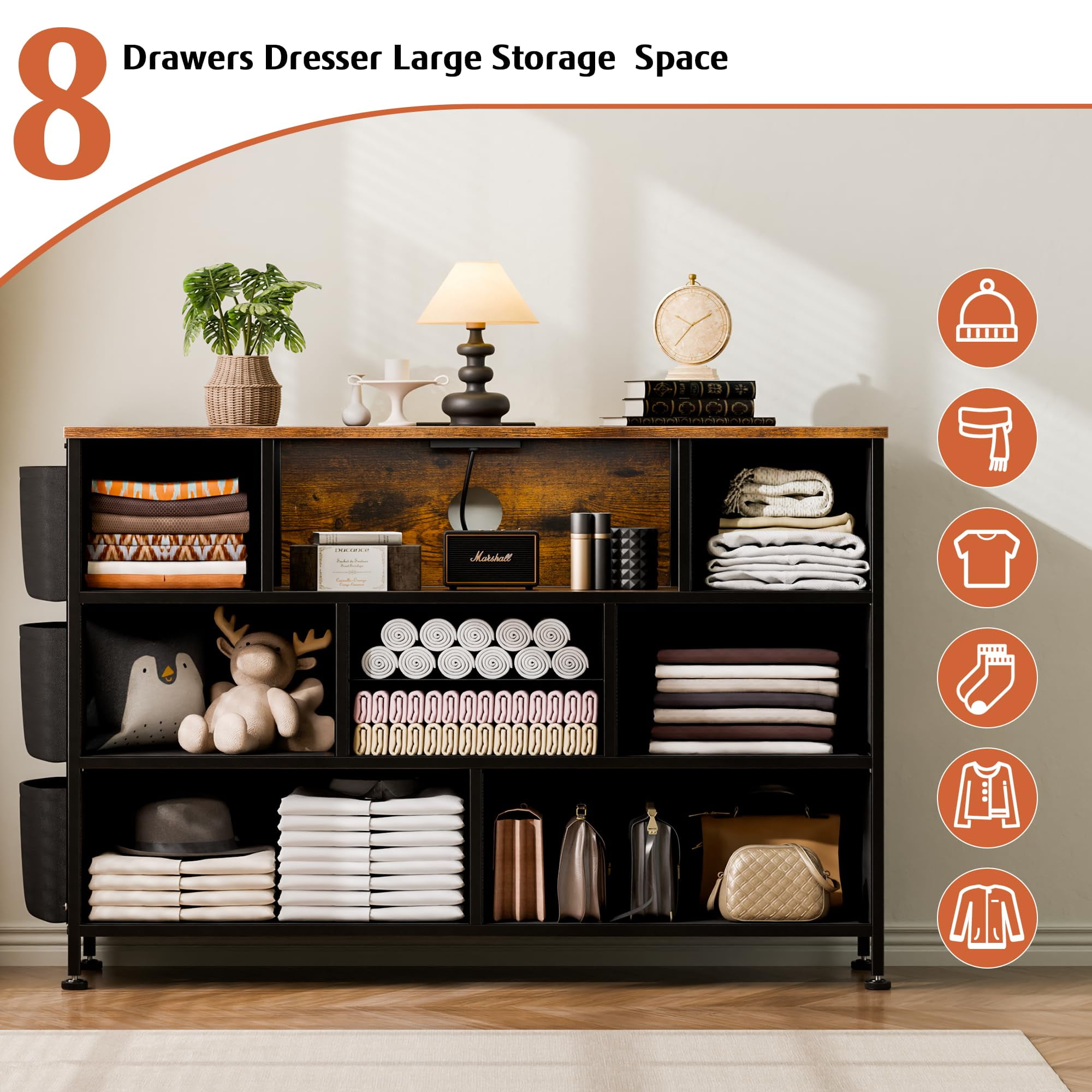 GIKPAL Dressers for Bedroom, 8 Drawer Dresser with LED Lights, Chest of Drawers with Side Pockets & Power Outlet Ports, Storage Drawers Nightstand, Bedroom Furniture Brown - Image 5