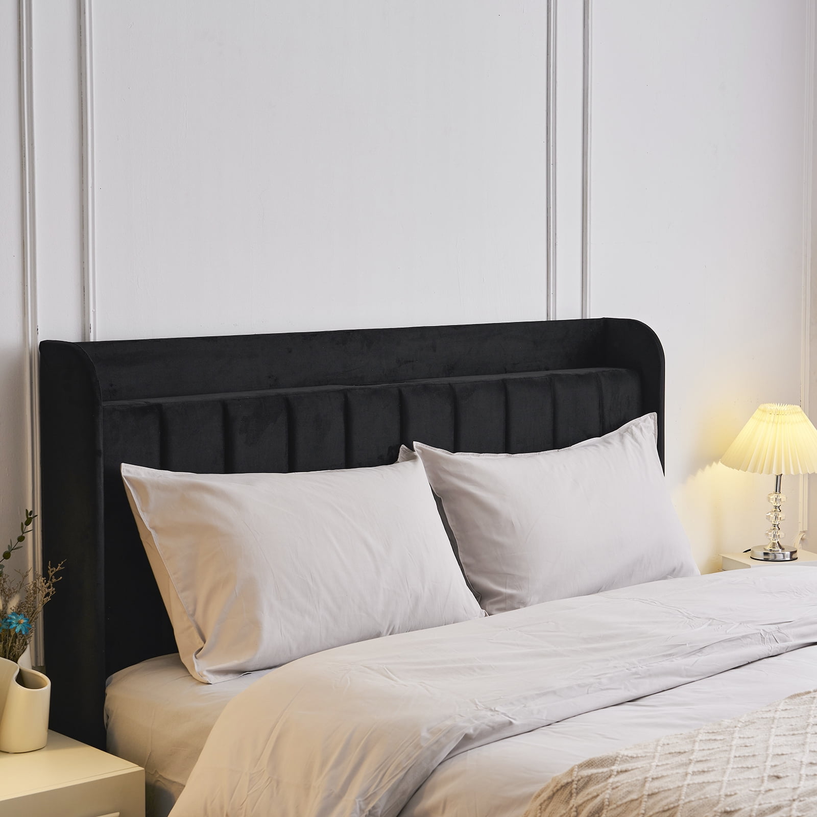 Ktaxon Full Platform Bed Frame with USB Charging, Upholstered Bed, Wingback Headboard/No Box Spring Required/Wood Slat Support/Easy Assembly/Black - Image 11