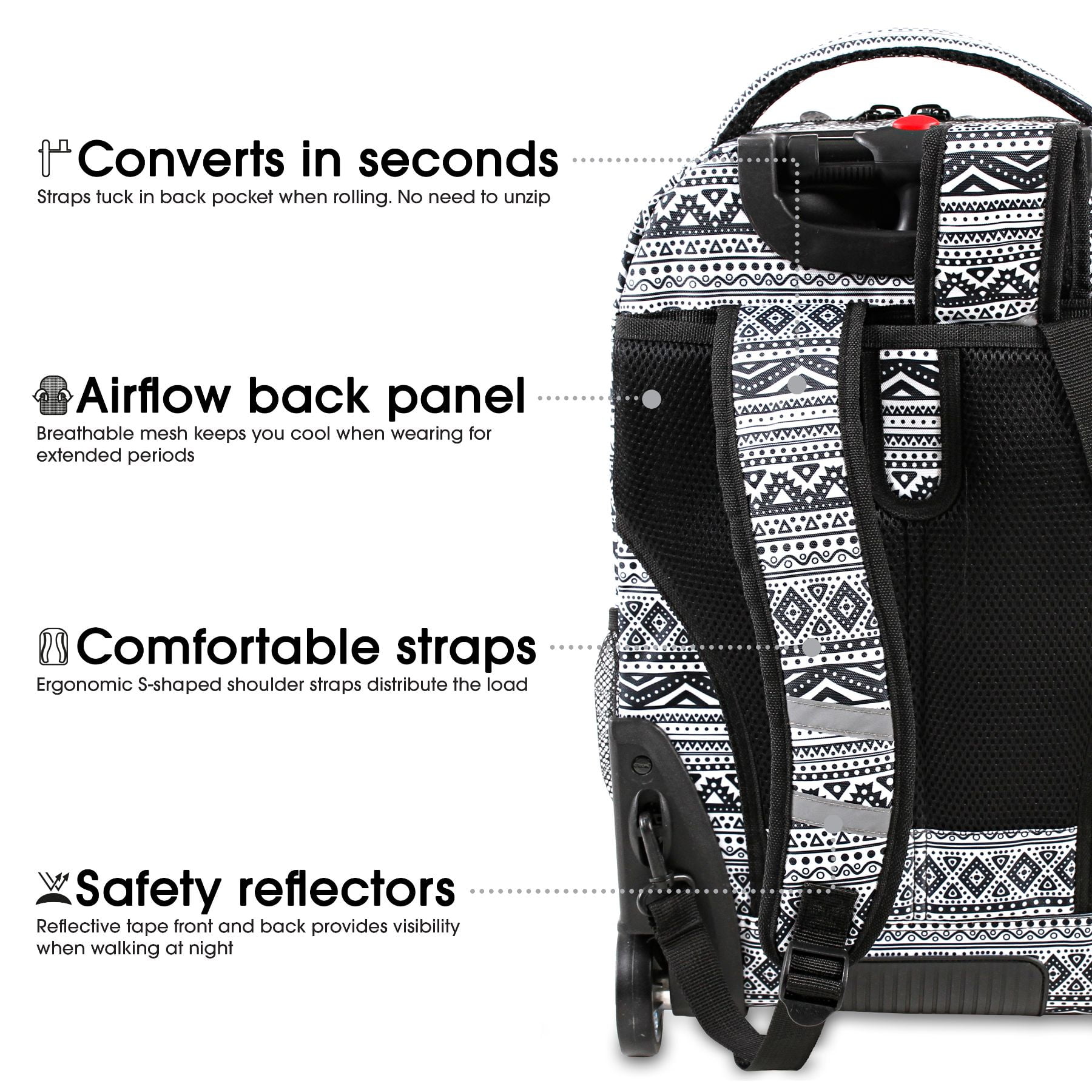 J World Unisex Sundance 20" Rolling Backpack with Laptop Sleeve for School and Travel, Tribal - Image 6