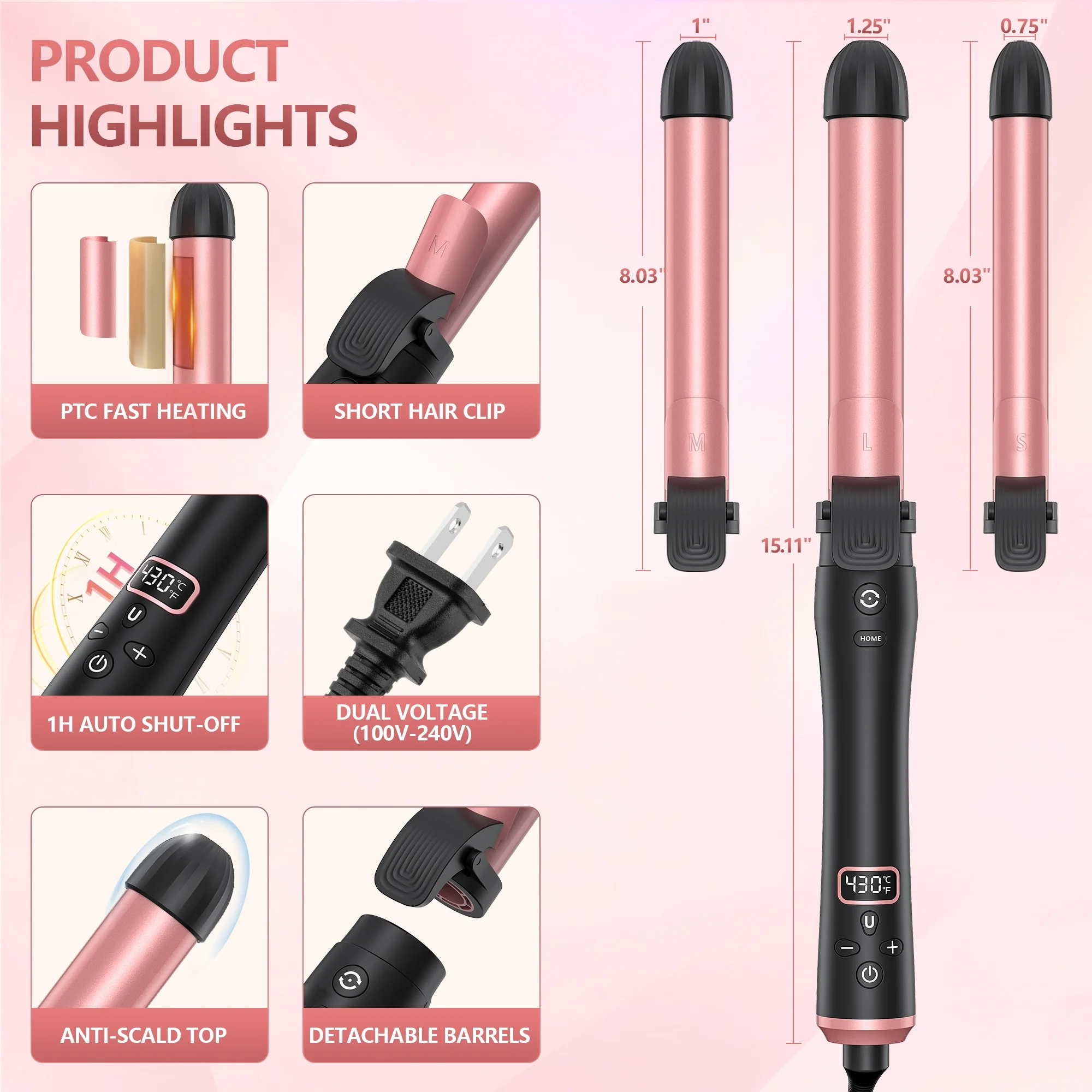 RACCOMB 0.75" 1" 1.25" Auto Rotating Curling Iron, 320°F to 430°F, 100-240V, for Waves, Beach Curls - Image 7