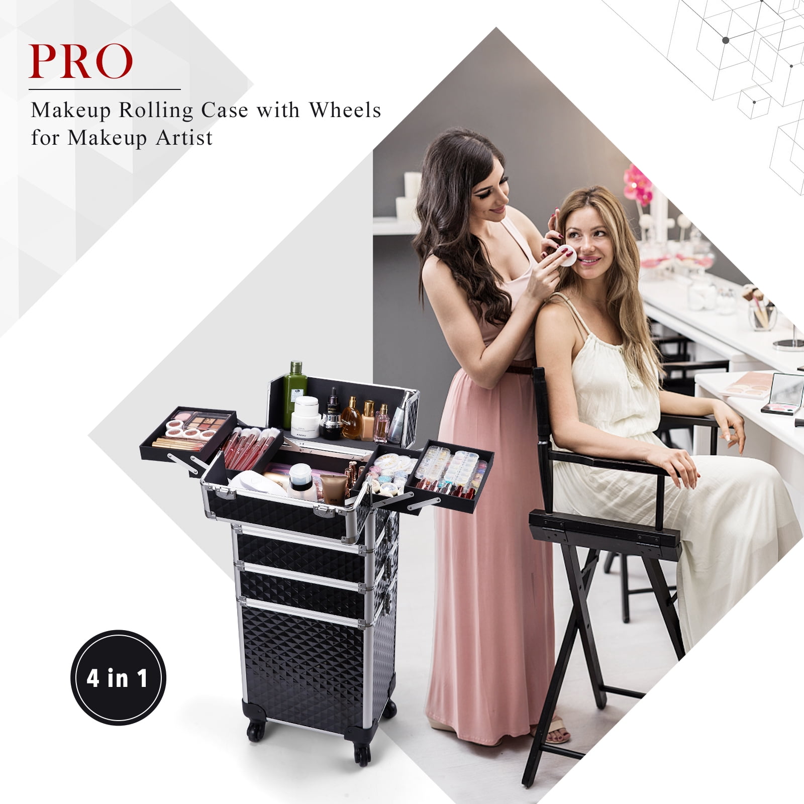 Professional Rolling Makeup Case with Wheels 4 in 1 Aluminum Cosmetic Train Case Trolley Box Salon Barber Suitcase - Image 3