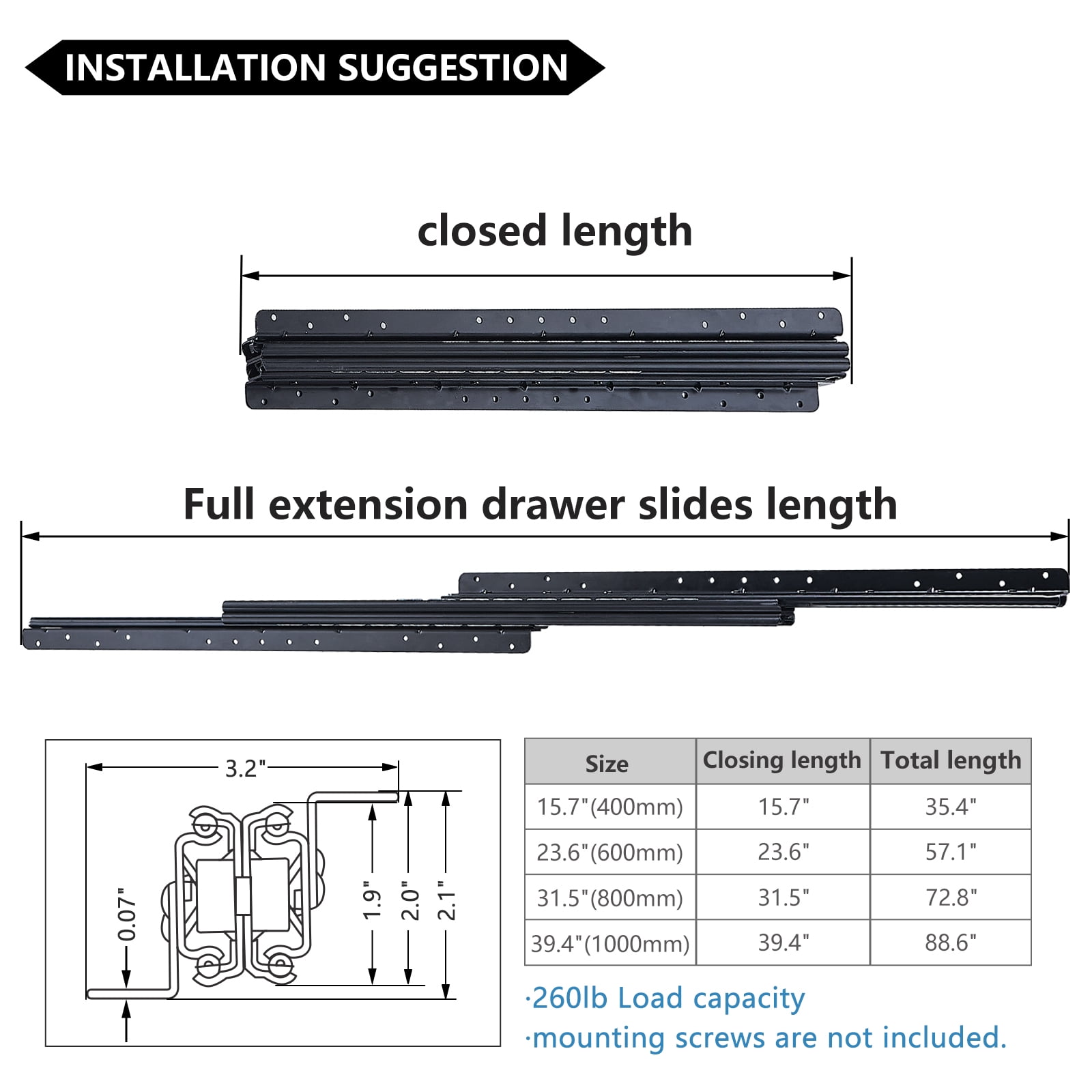 AOLISHENG Undermount Heavy Duty Drawer Slides 16 Inch 260 lb Load Capacity Bottom Mounted Hidden Stair Rails Cabinet Concealed Runner Glide 1Pair - Image 6