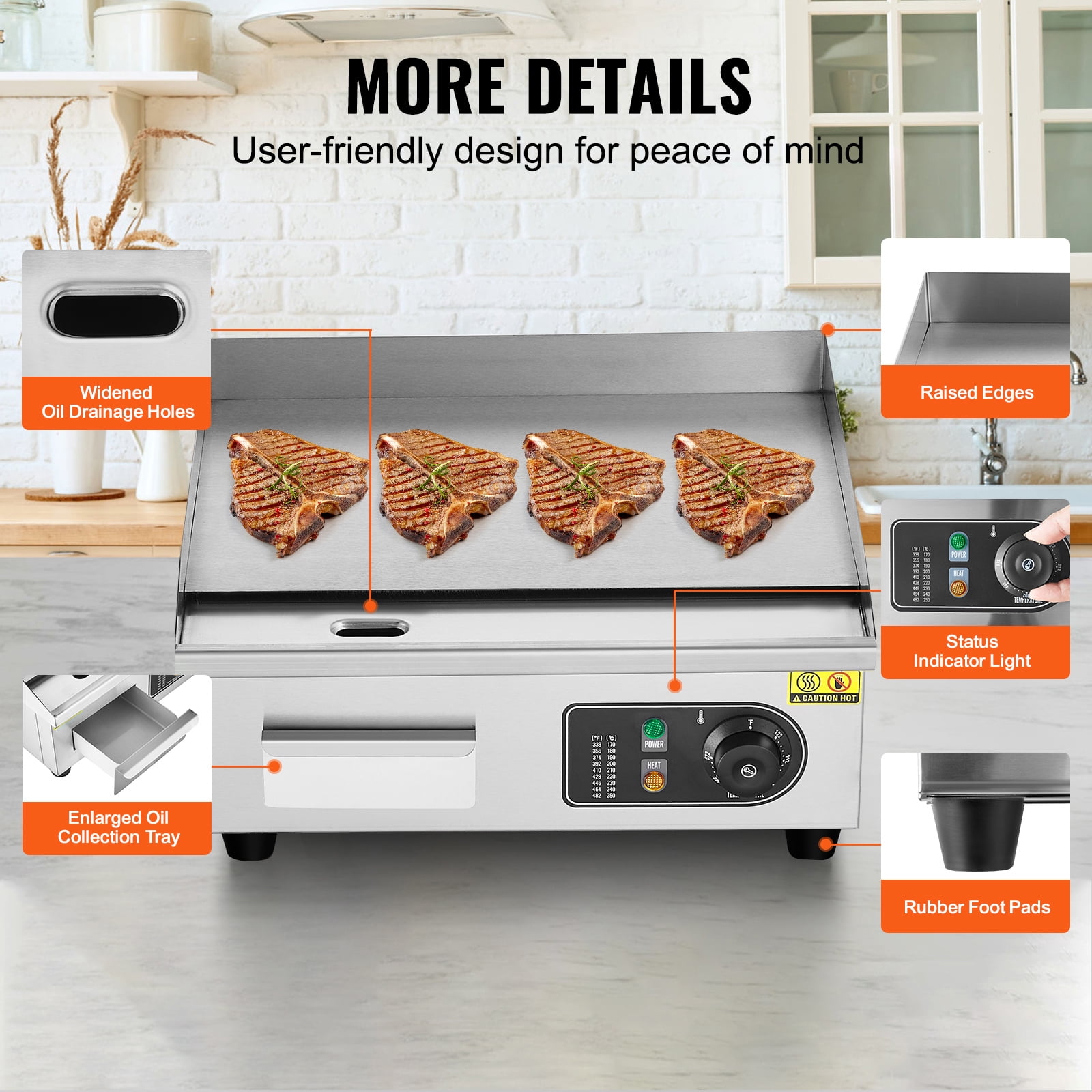 KFFKFF Electric Griddle for Commercial Use, 1700W Countertop Grill with Flat Surface, Temperature Control from 122℉ to 572℉, Dimensions 17.72 x 11.81 x 0.39 inches,and 2 Brushes - Image 3