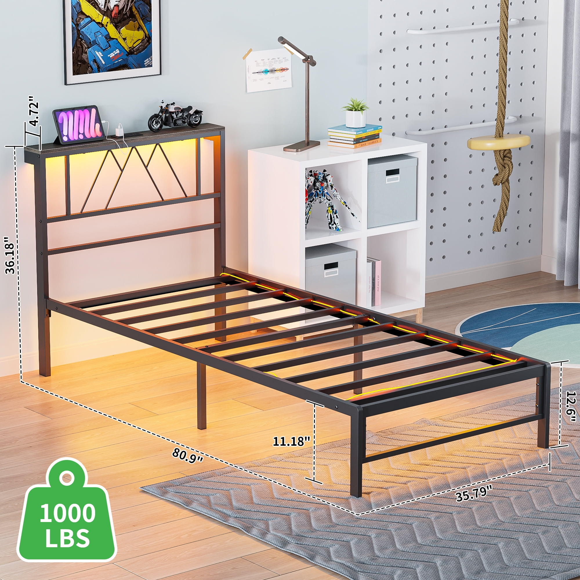 Yoneston Kids Twin Bed Fame with Charging Station LED Storage Headboard, Sturdy Metal Platform Bed Frame with Under-Bed Light for Boys Girls, Black - Image 10