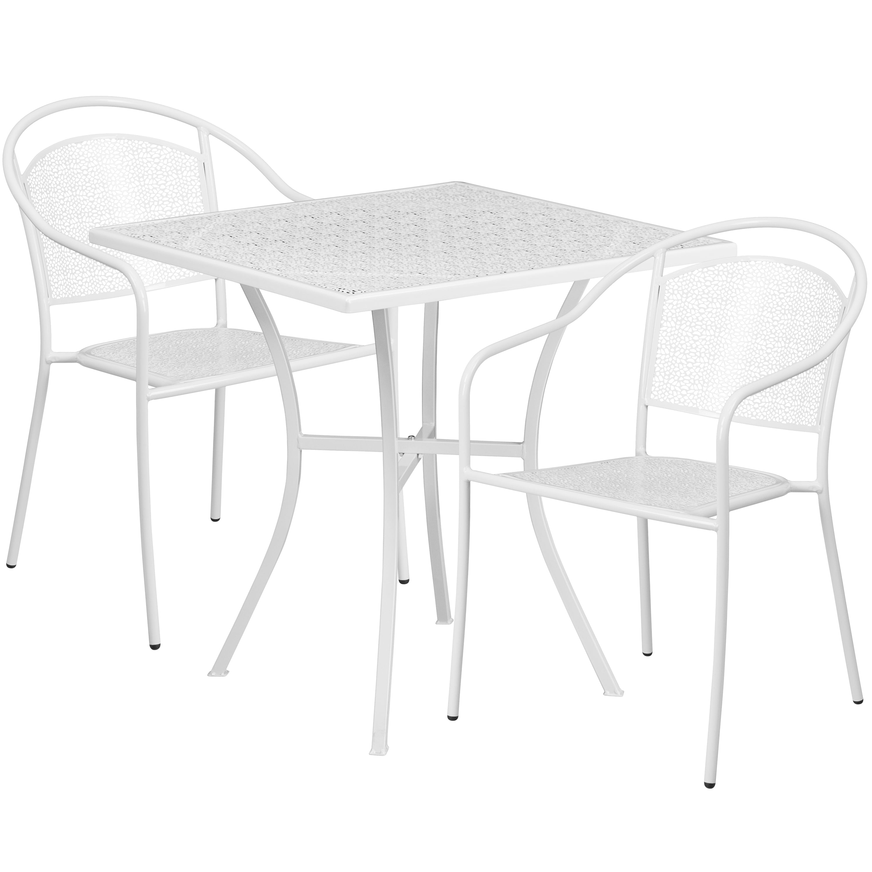 Flash Furniture Commercial Grade 28" Square White Indoor-Outdoor Steel Patio Table Set with 2 Round Back Chairs - Image 2