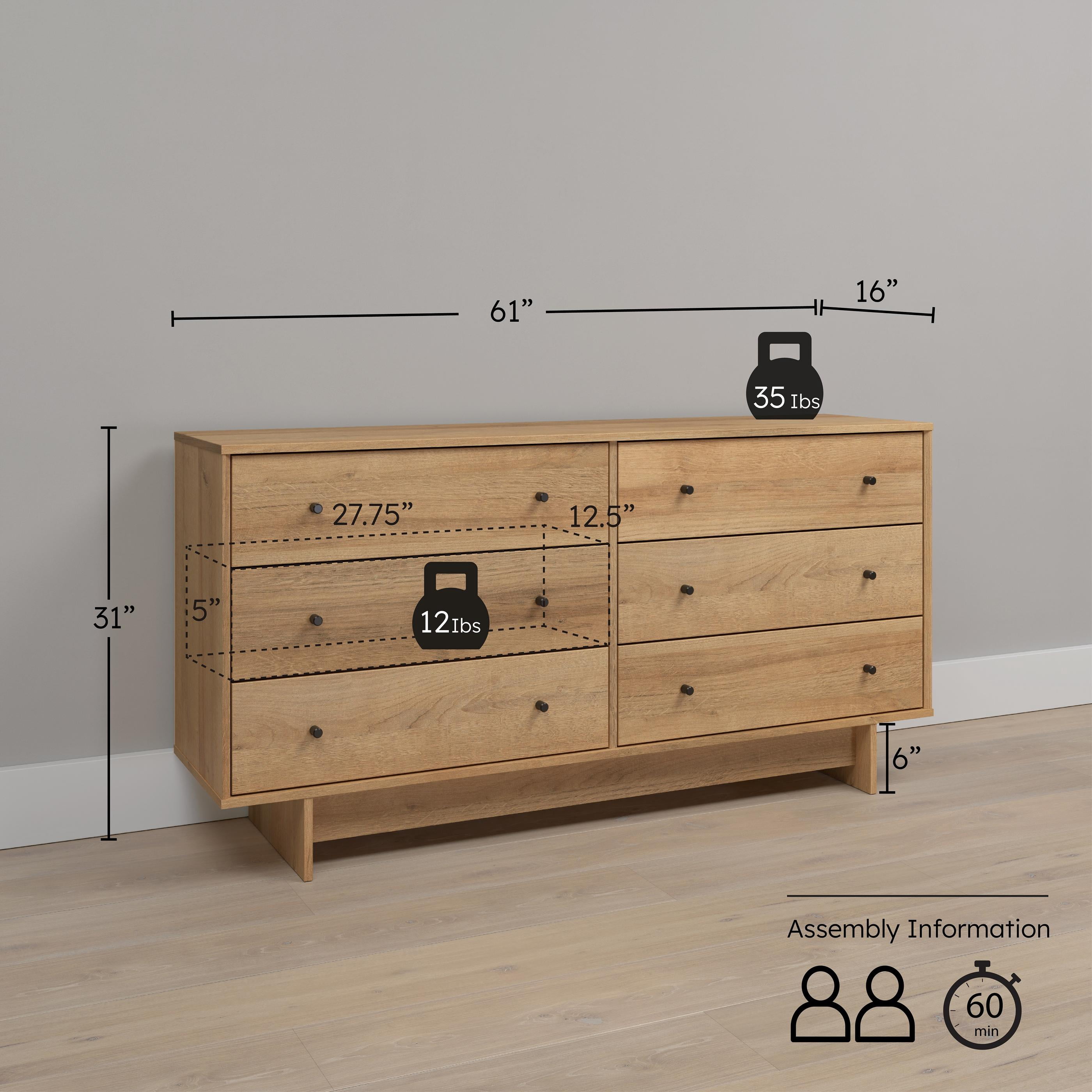 Prepac Finnley 6-Drawer Dresser in Natural Oak, Dresser for Bedroom, Extra-Wide Chest of Drawers with Storage, Modern Clothing Organizer for Home, Bedroom, Living Room, 16" D x 61" W x 31" H - Image 4