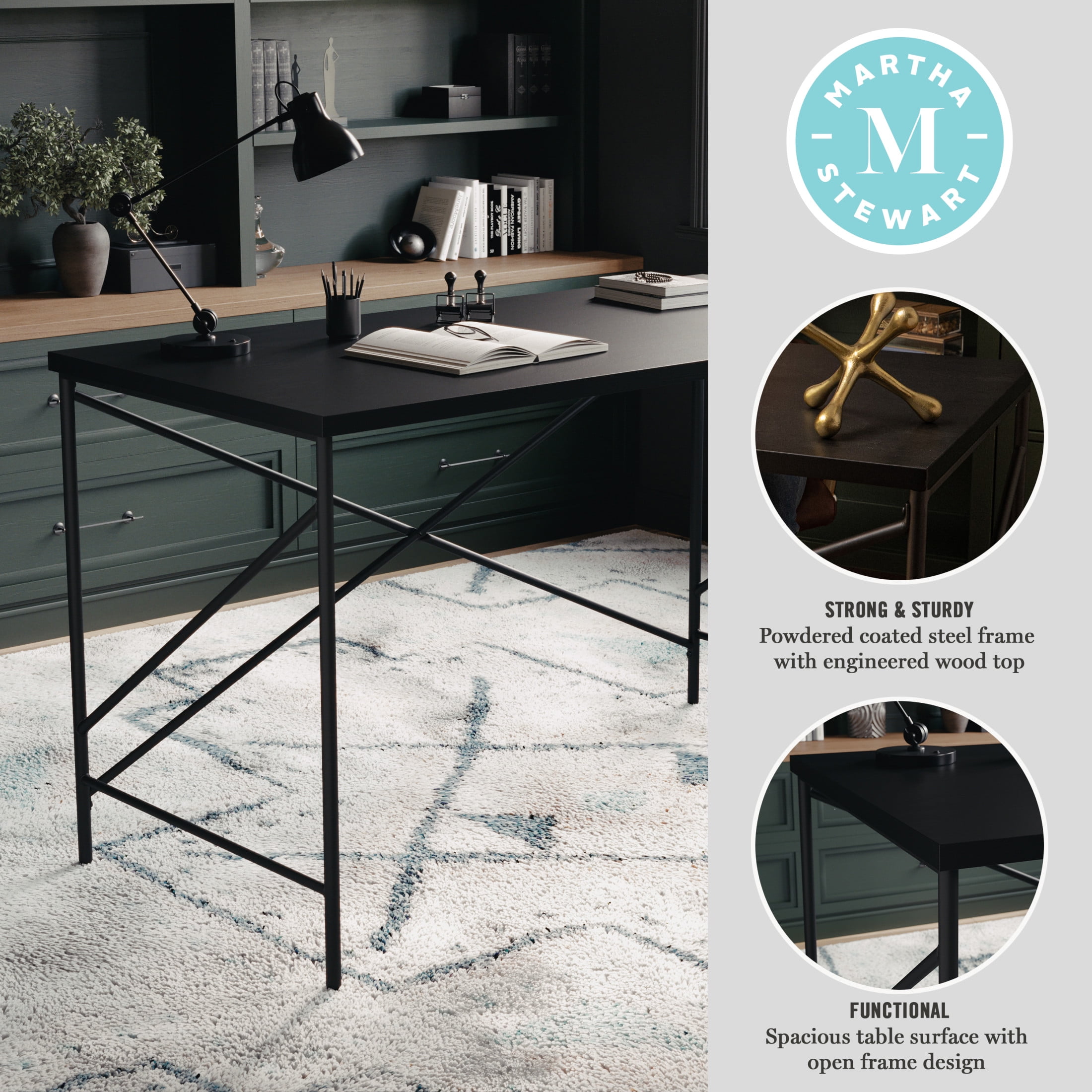 Martha Stewart Maddox Home Office Parsons Desk in Black Wood Grain with Oil Rubbed Bronze Metal X-Frame - Image 10