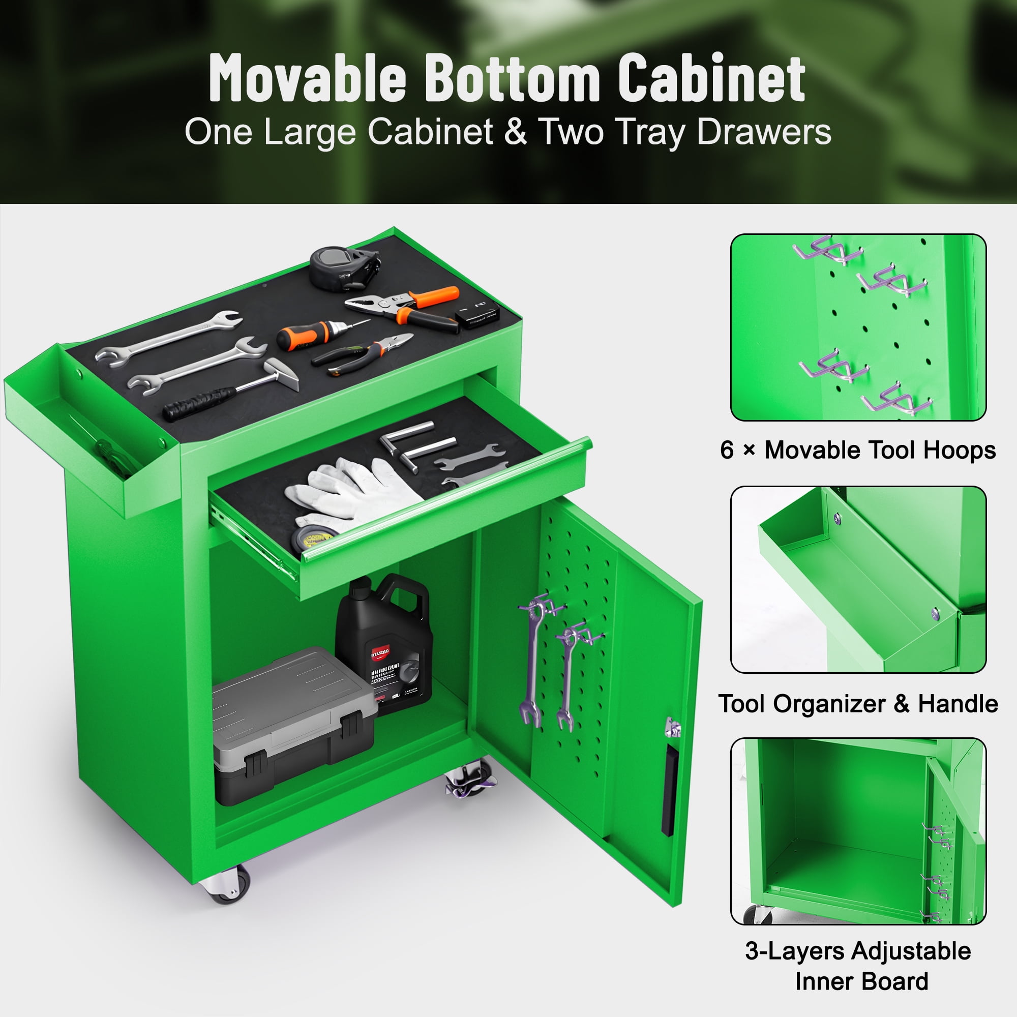 5-Drawer Tool Chest on Wheels, 2 In 1 Rolling Tool Storage Cabinet, Tool Organizer for Garage, Workshop, Warehouse & Repair Shop, Green - Image 5